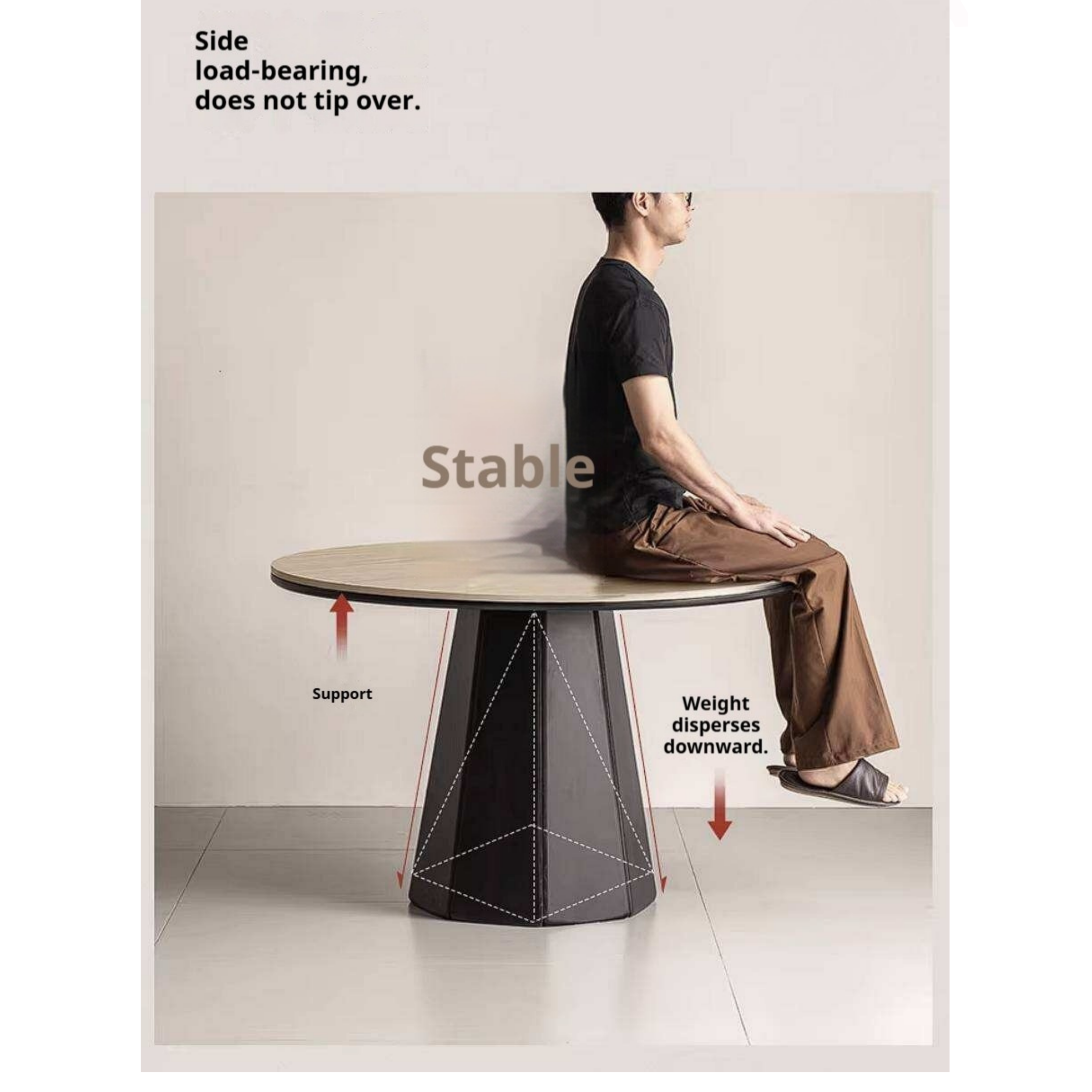 Ash Solid Wood Dining Table with Slate Top, Mid Century Round Design