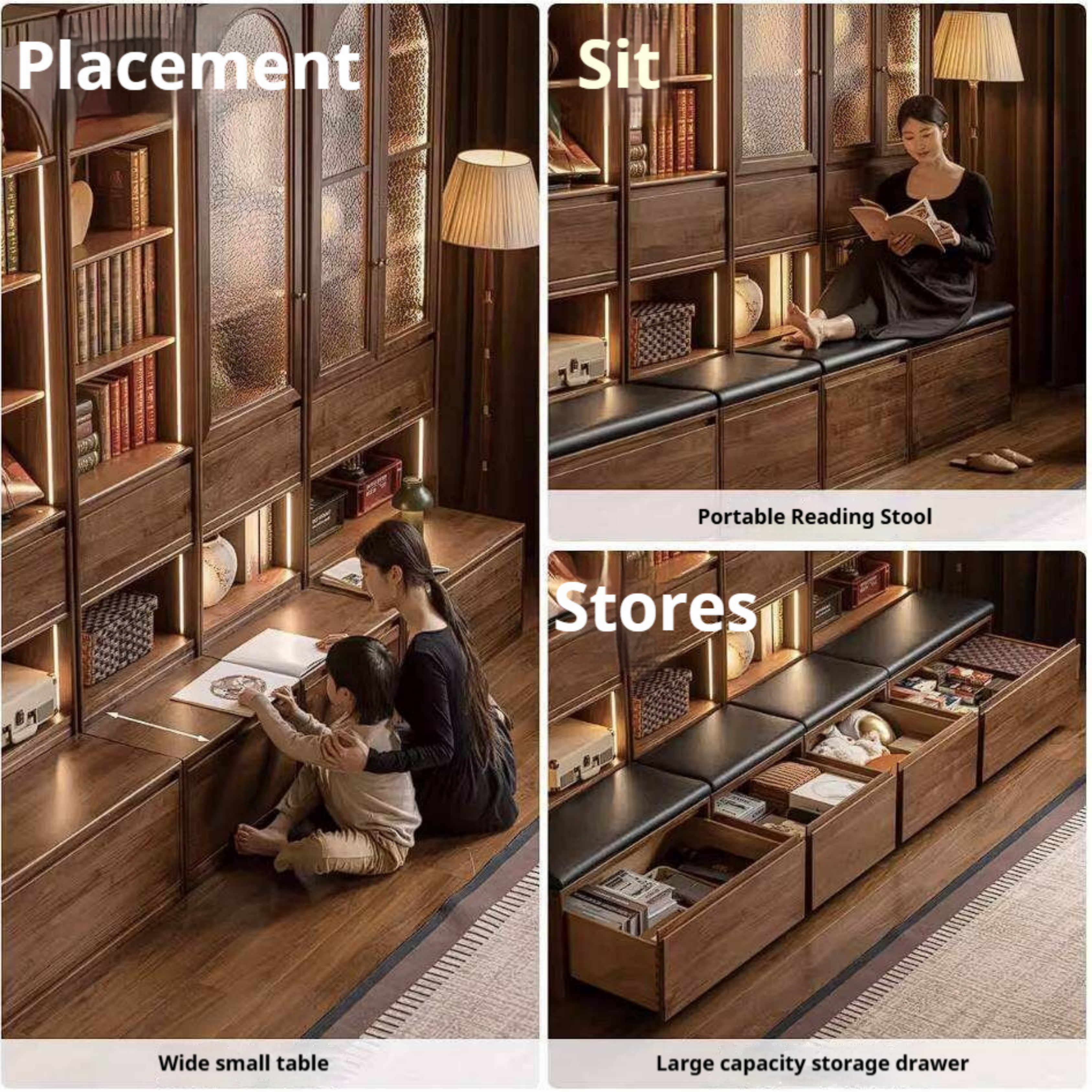 Black Walnut Solid Wood Bookcase with Booth Seating and Display Cabinet
