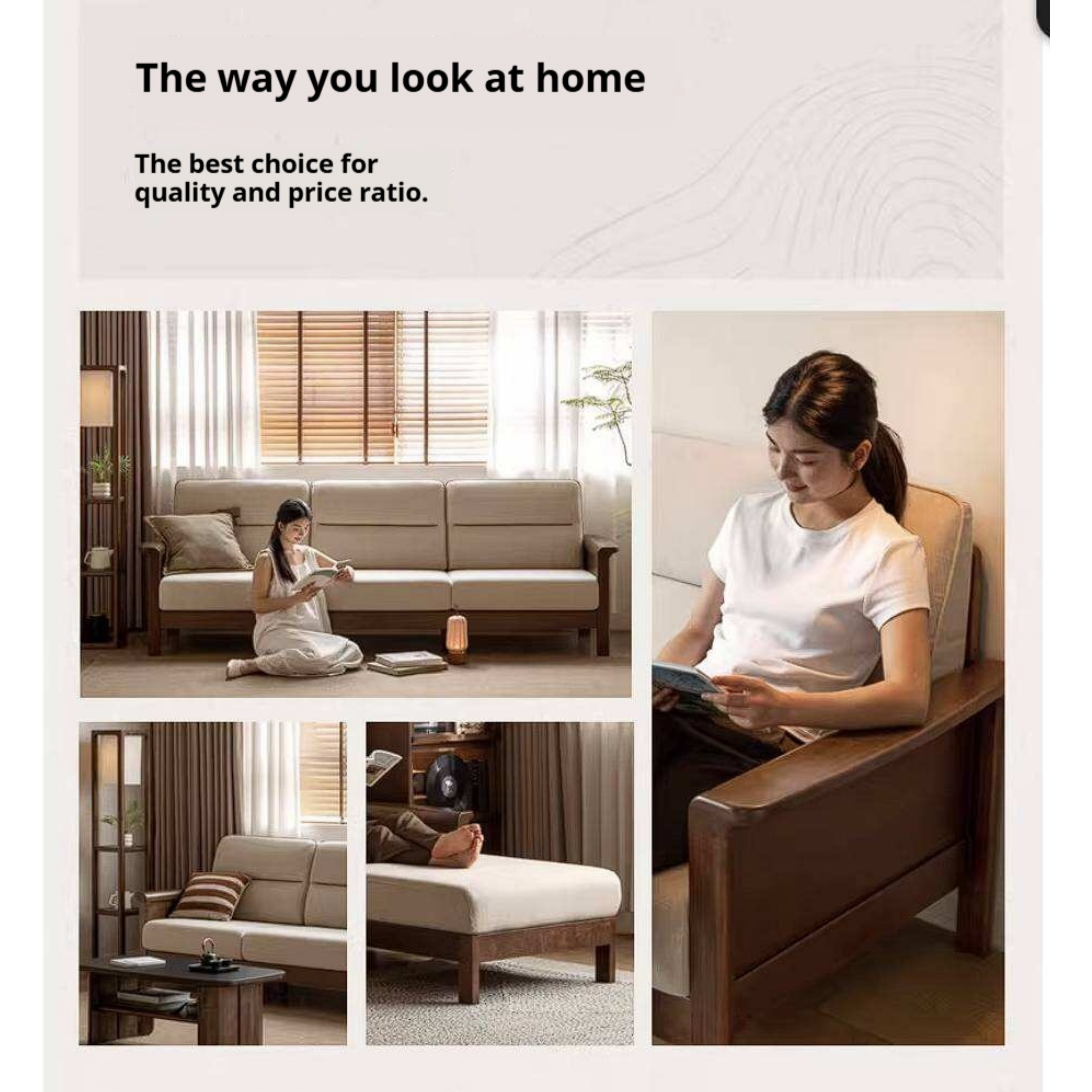Golden Sandalwood Solid Wood Sofa with Soft Fabric Cushions