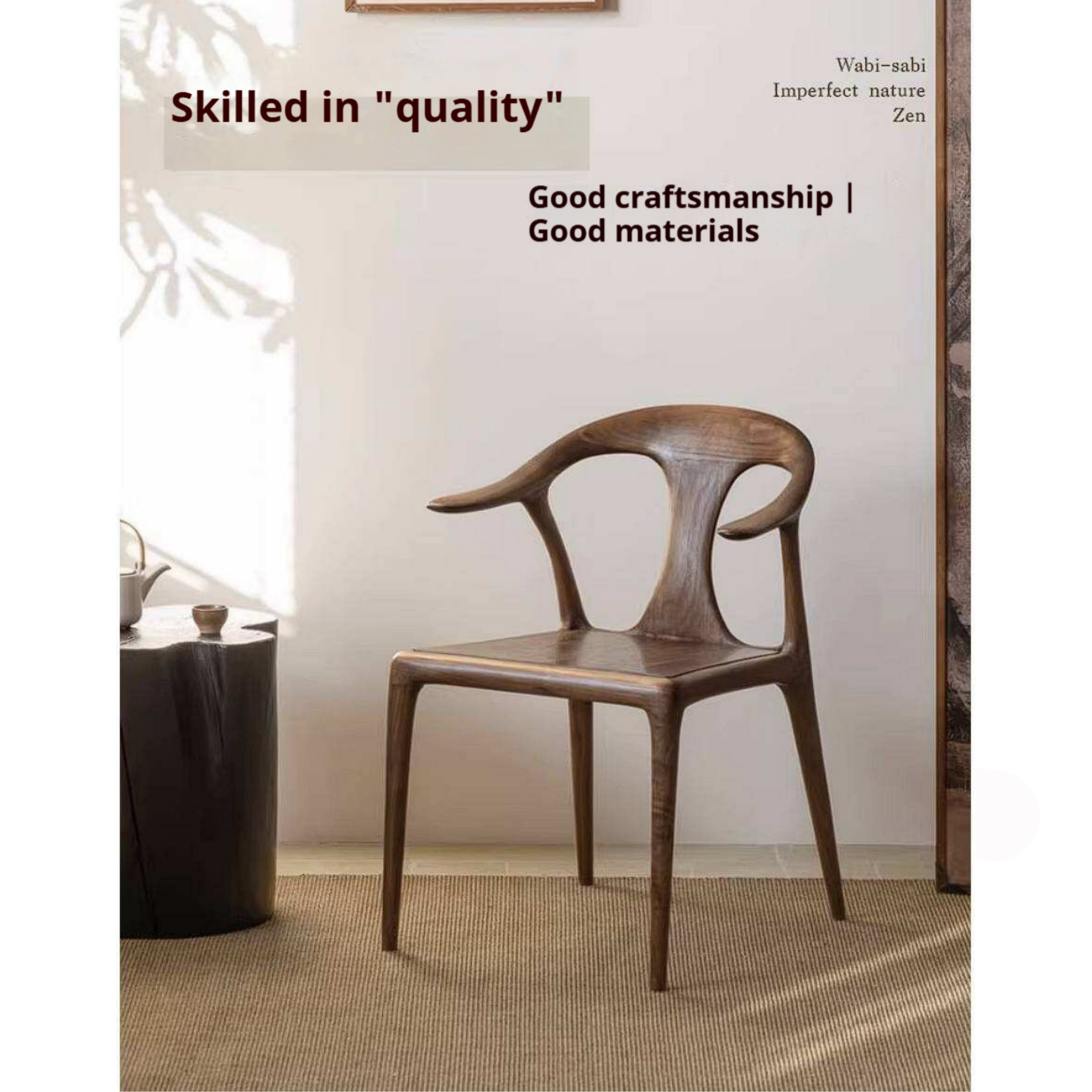 Black Walnut Solid Wood Ox Horn Dining Chair with Carved Curved Armrests