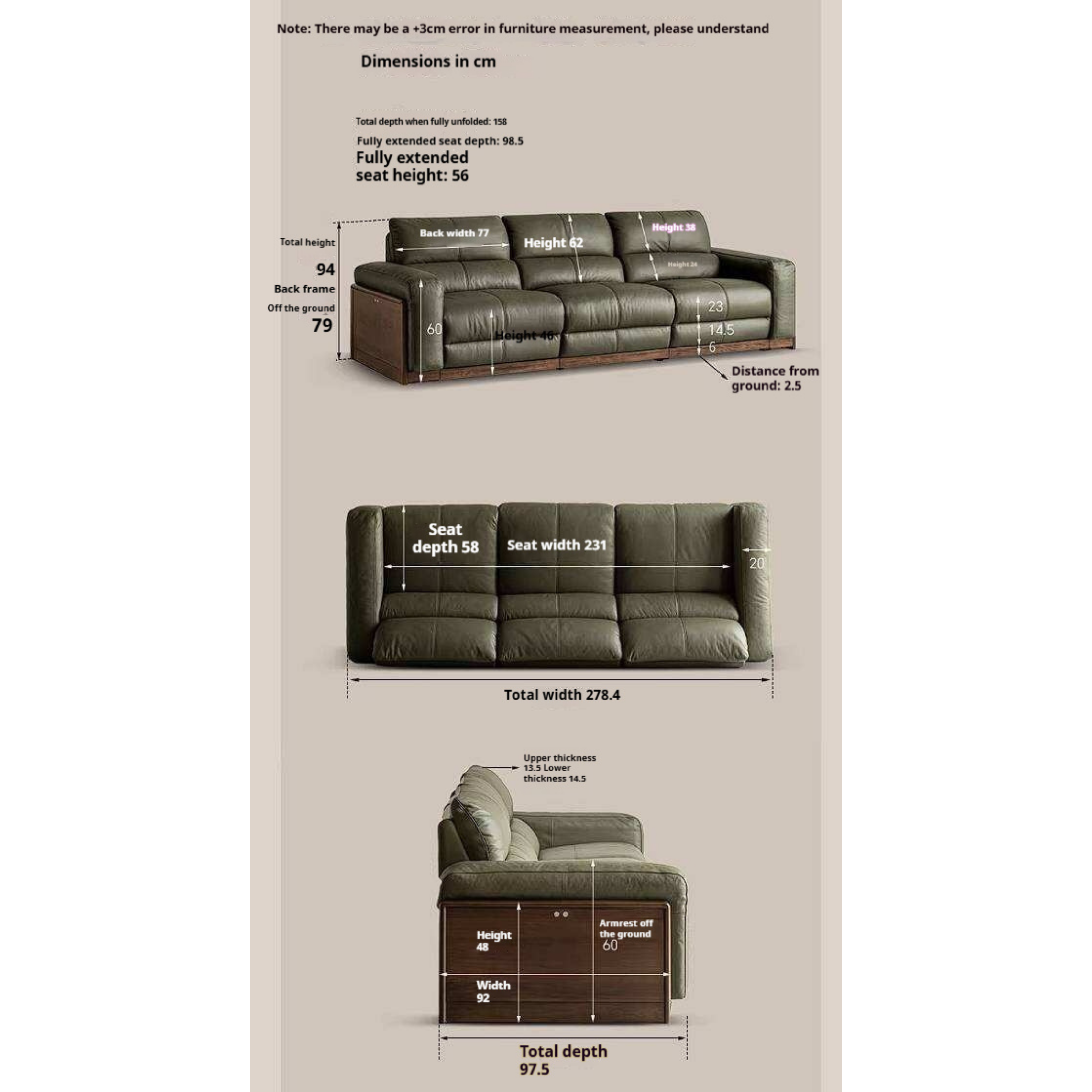 Black Walnut Solid Wood Genuine Leather Reclining Sofa with Zero Wall Clearance