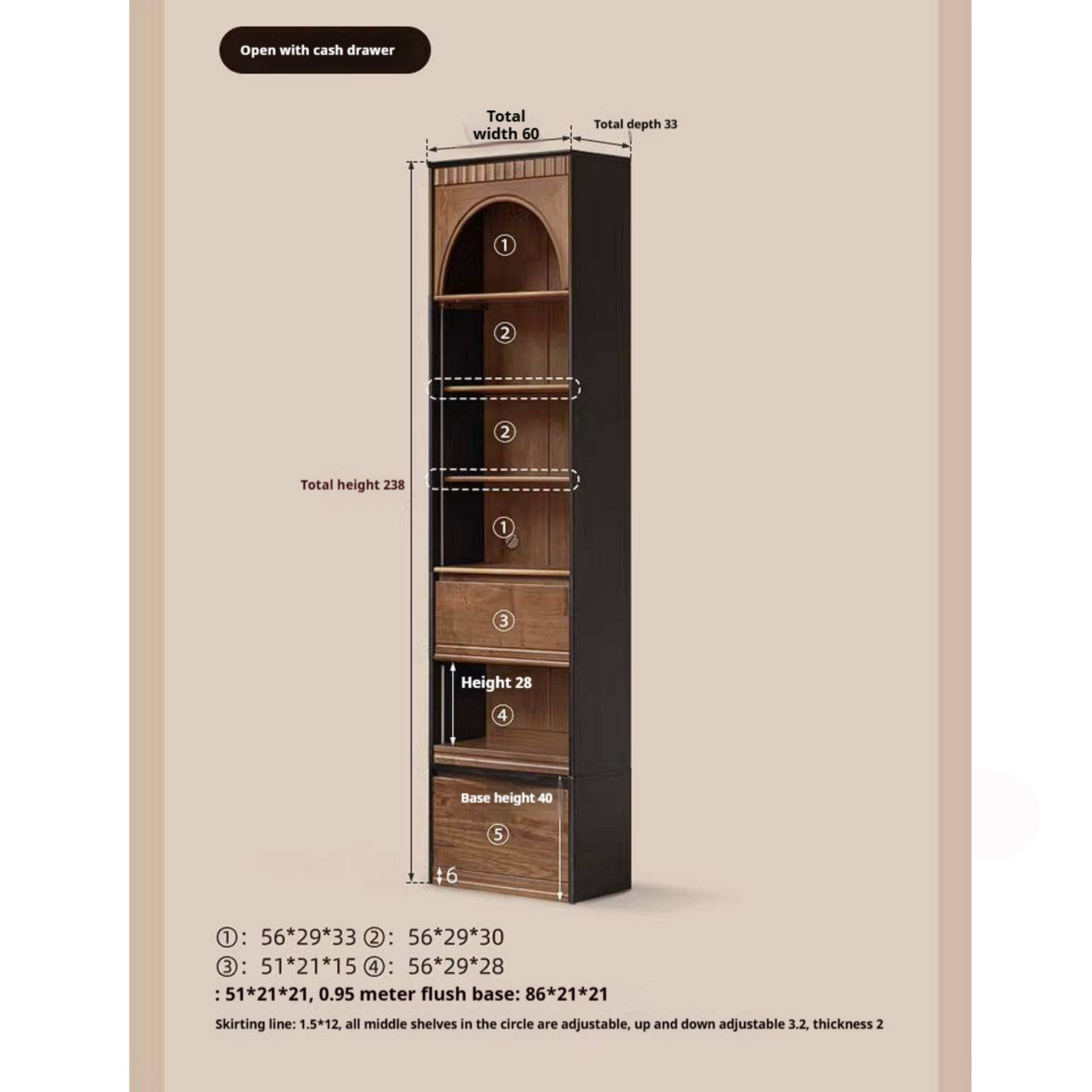 Black Walnut Solid Wood Bookcase with French Retro Display Cabinet