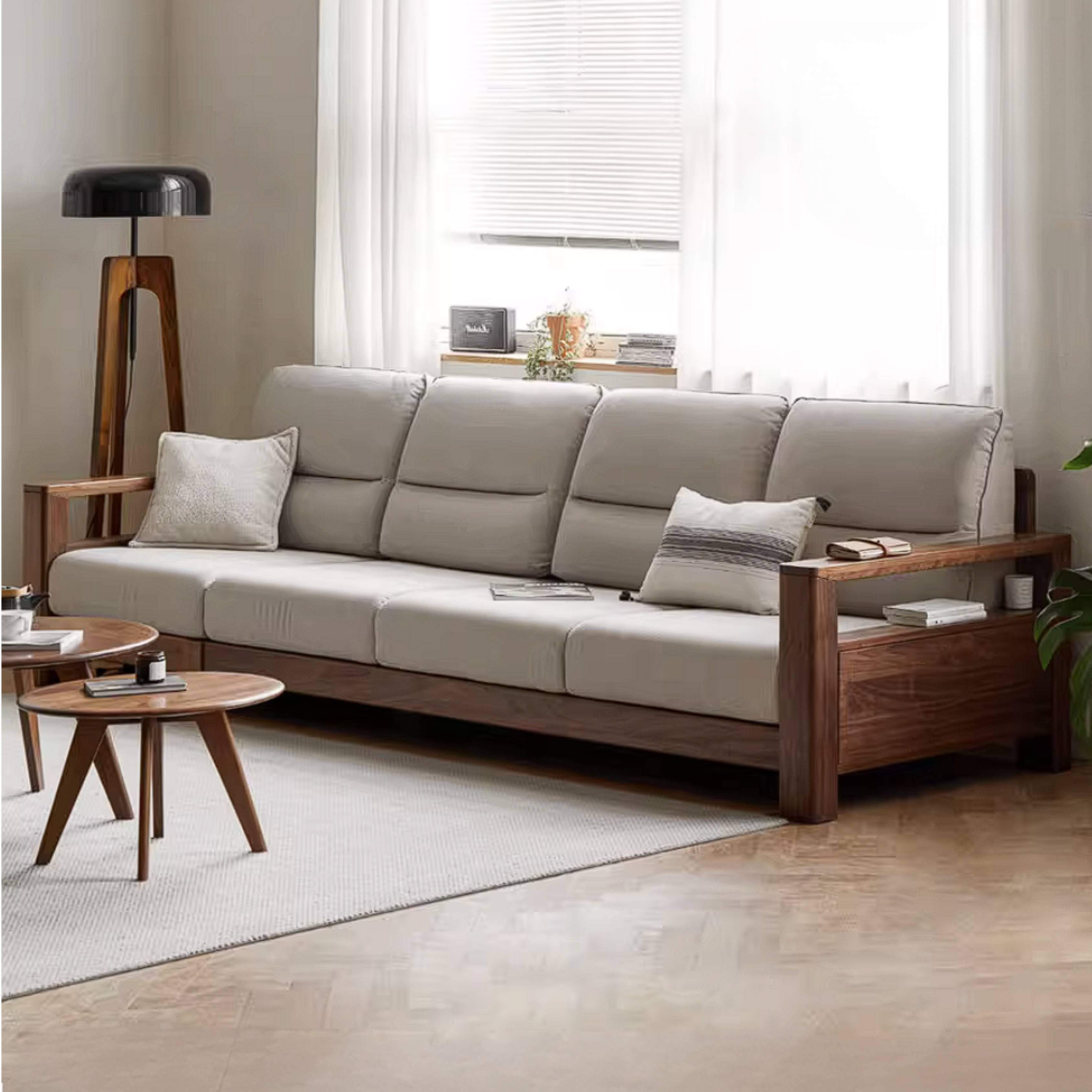 Black Walnut, Ash, Golden Sandalwood Solid Wood Corner Sofa with Fabric Upholstery