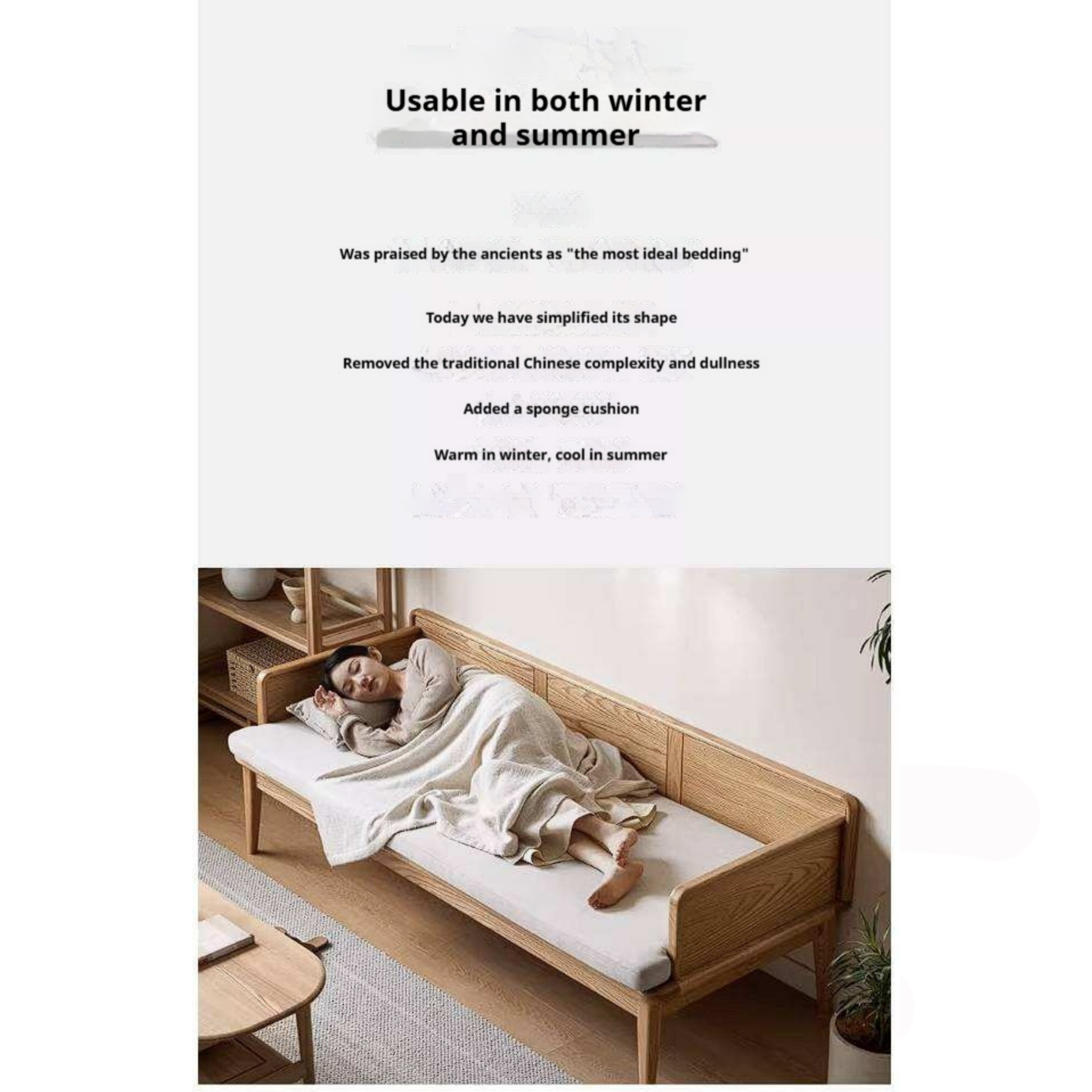 Oak Solid Wood Convertible Sofa Bed with Clean Frame Design