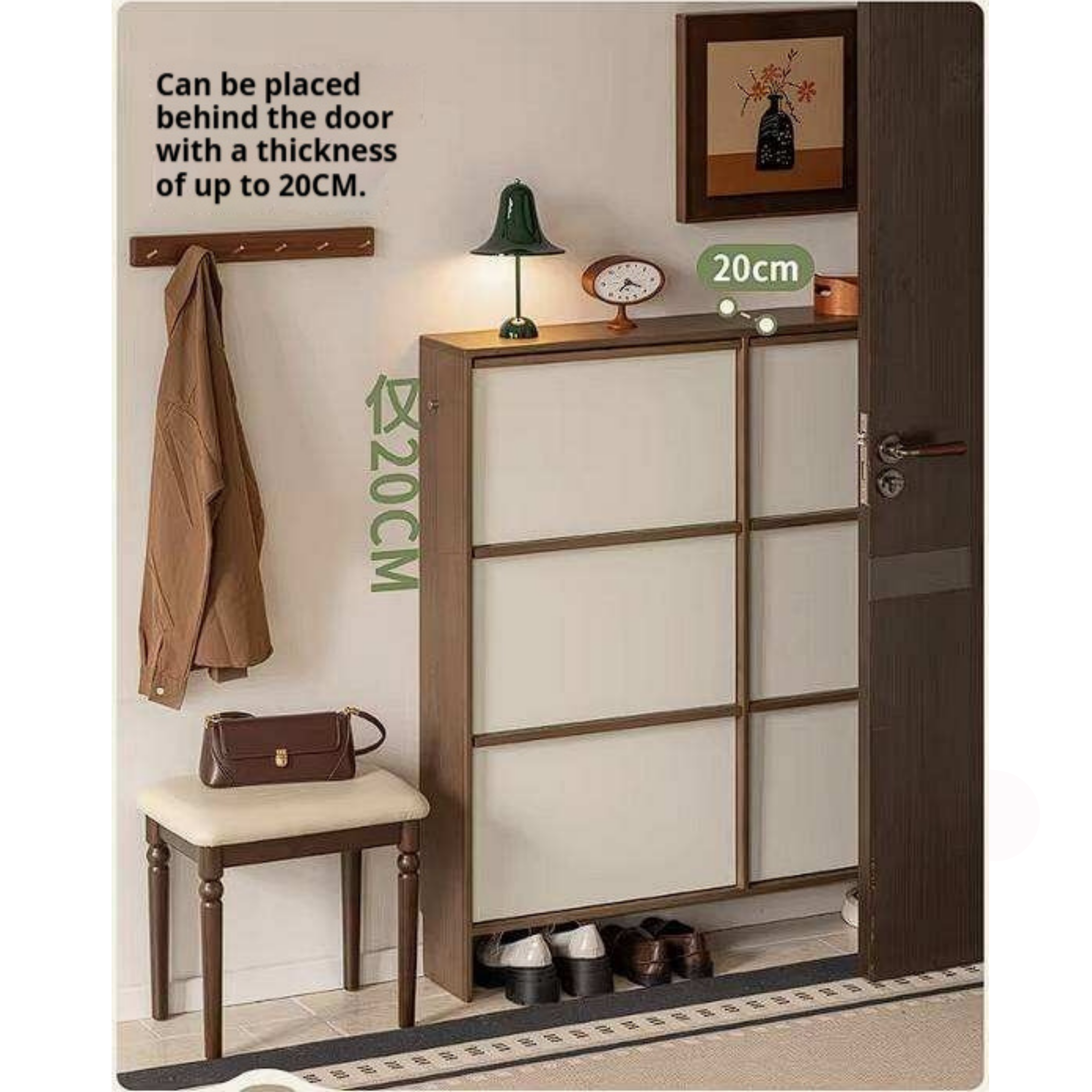 Rubberwood Solid Wood Flip Door Shoe Cabinet, Mid Century Slim Wall Mounted Entryway Storage Organizer