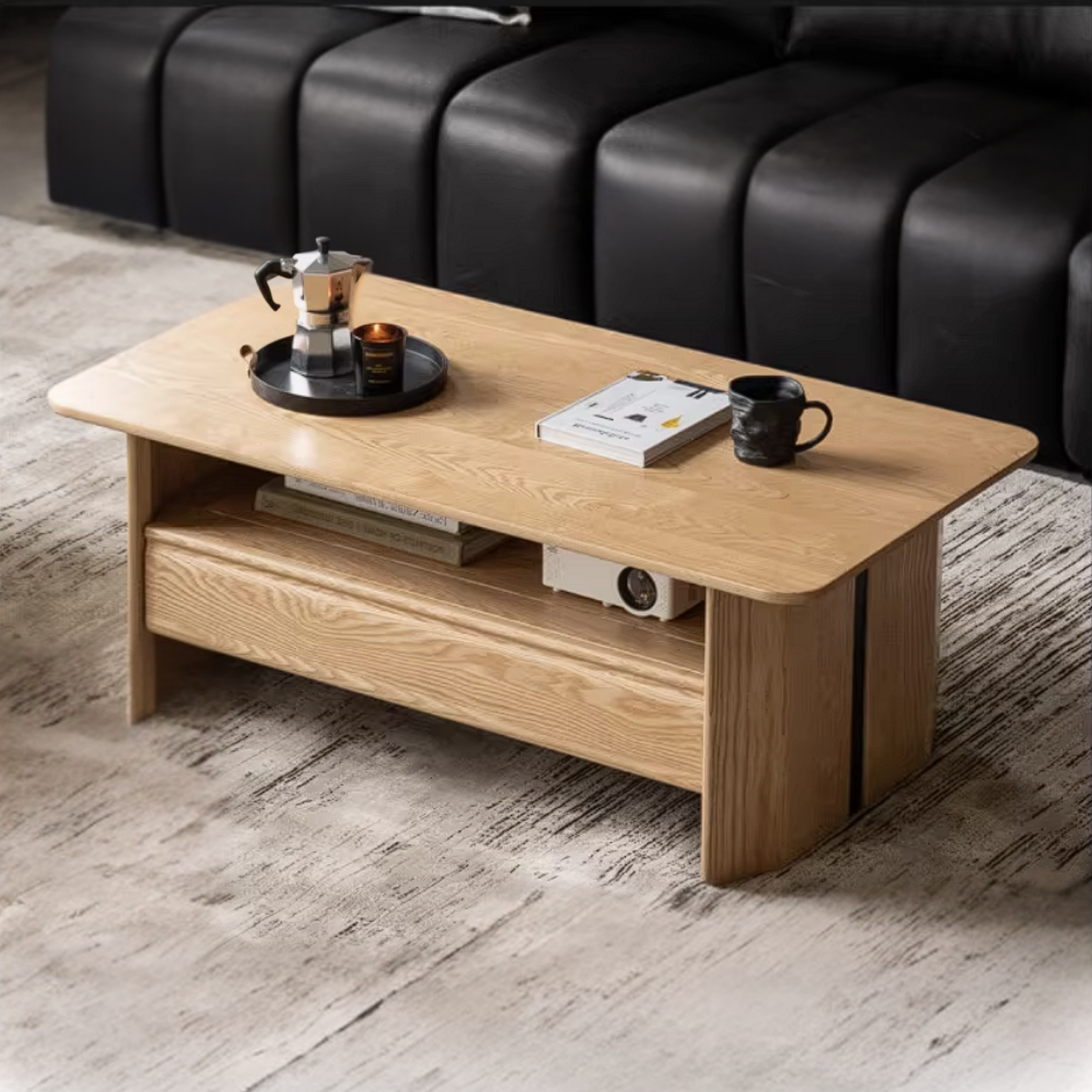 Ash Solid Wood Coffee Table with Two-Level Storage and Minimalist Design