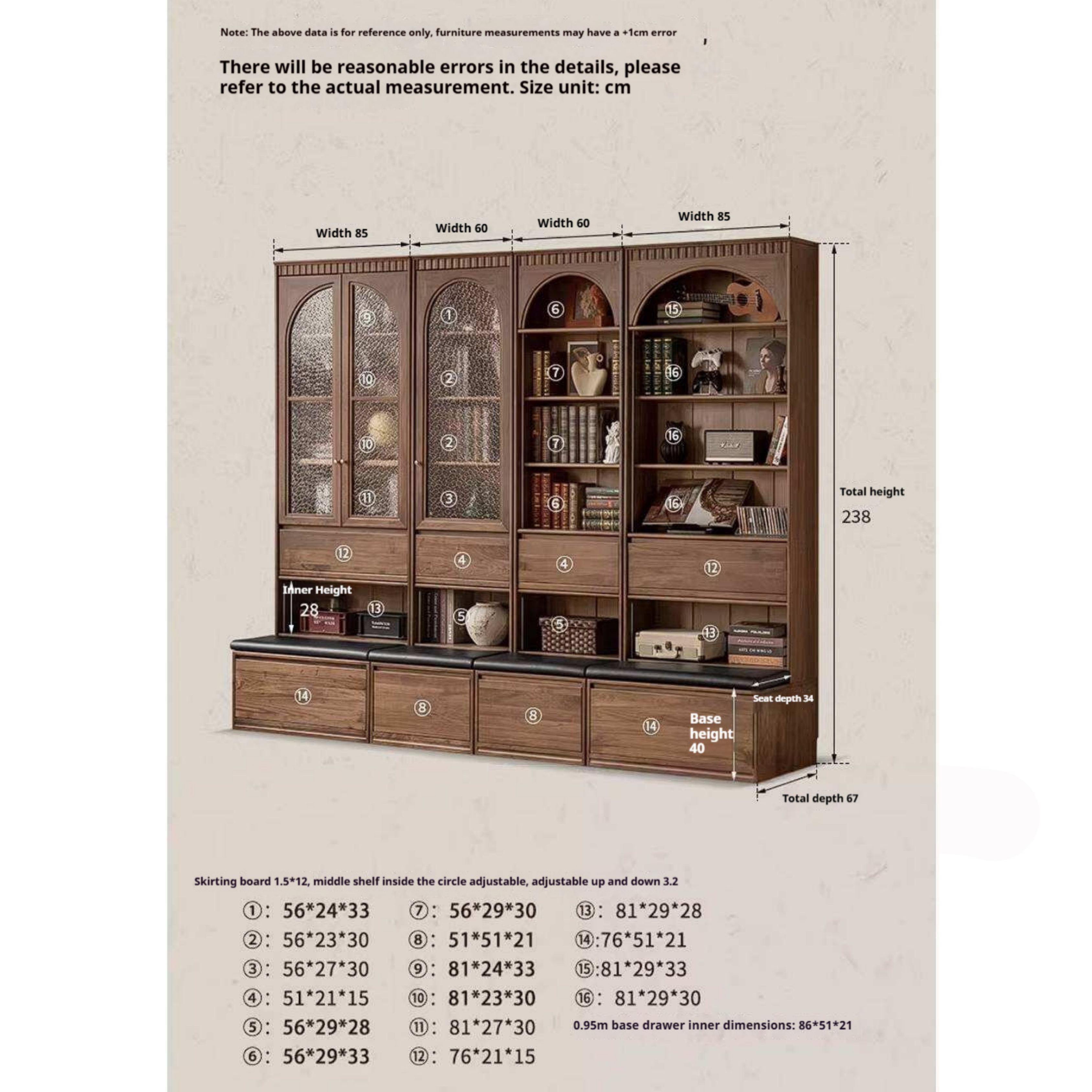 Black Walnut Solid Wood Bookcase with Booth Seating and Display Cabinet