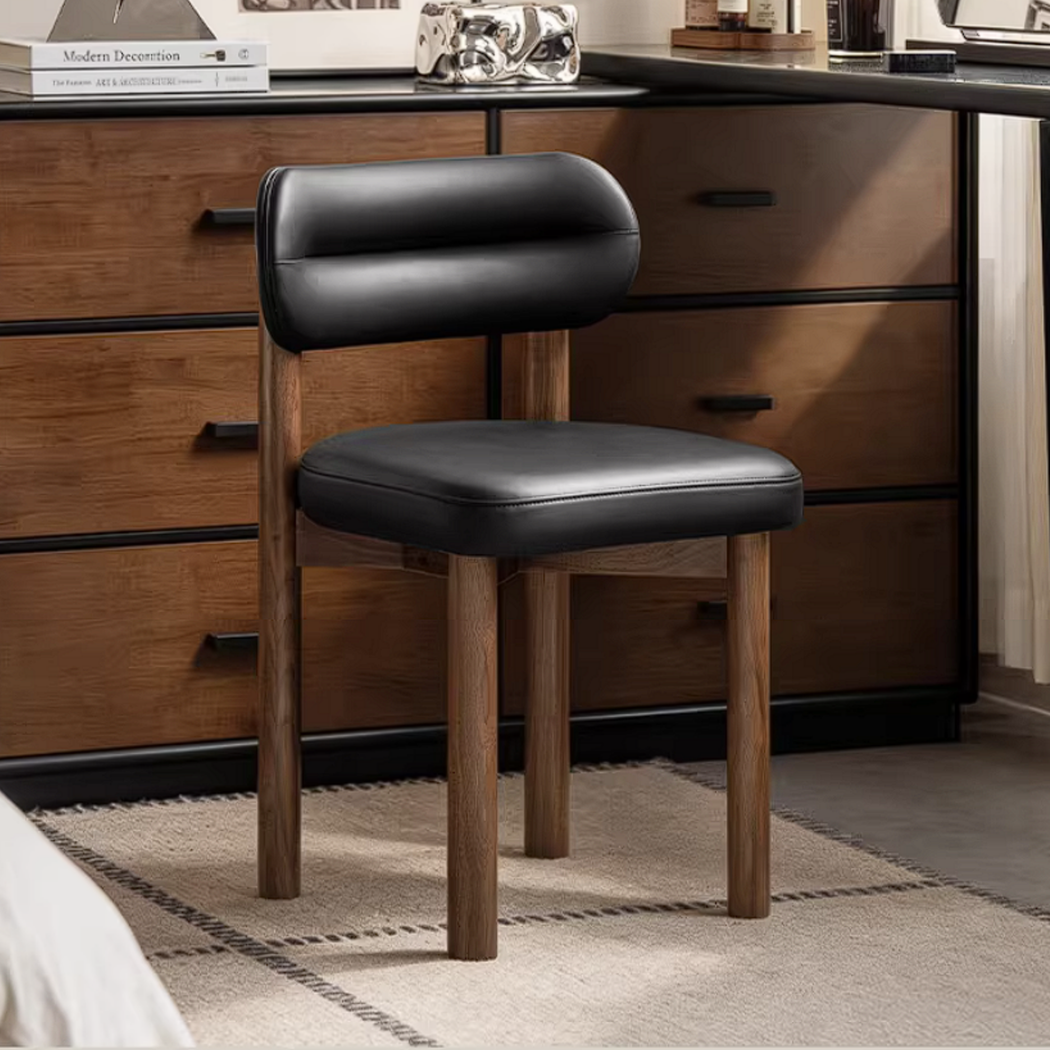 Black Walnut Solid Wood Vanity Stool with Curved Back