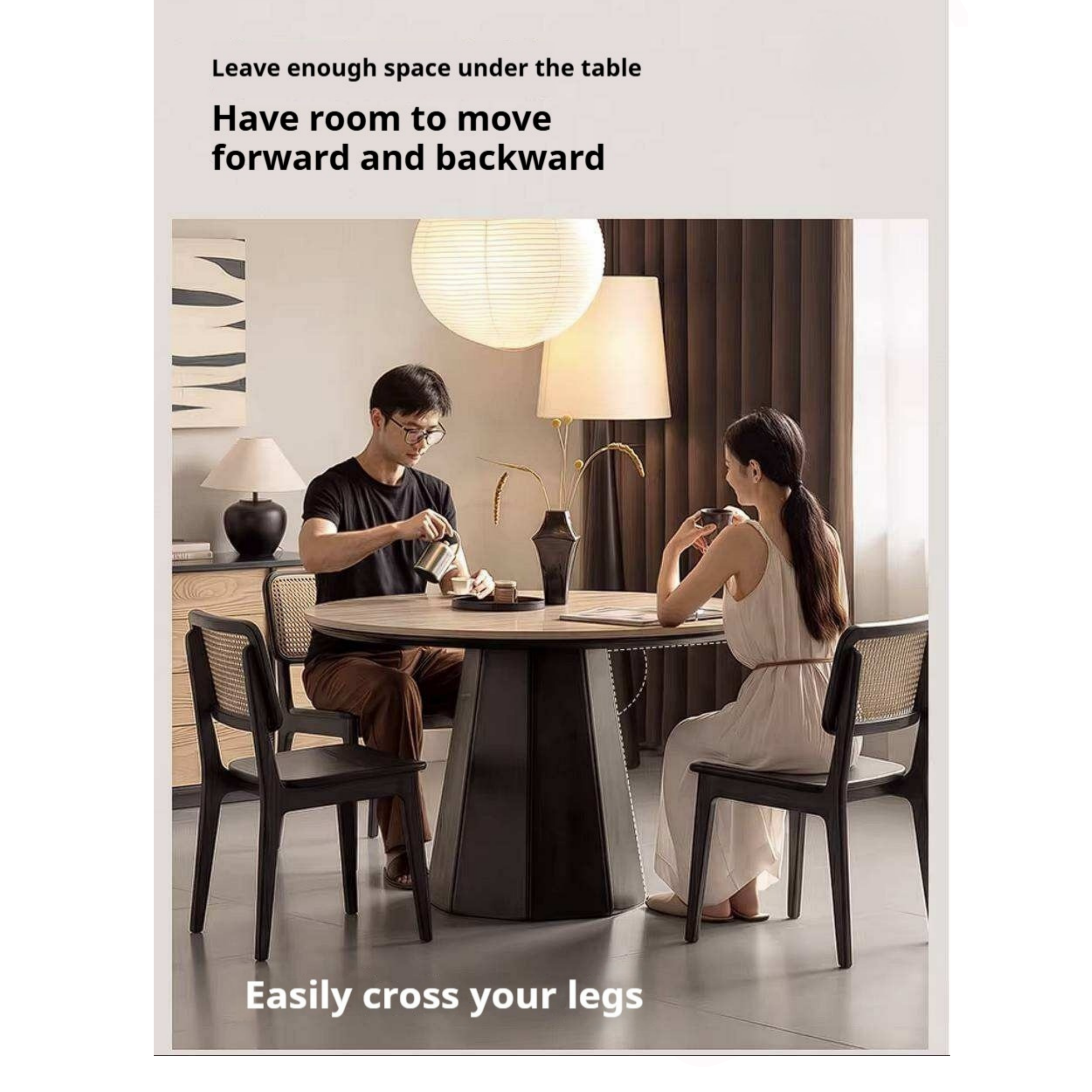 Ash Solid Wood Dining Table with Slate Top, Mid Century Round Design