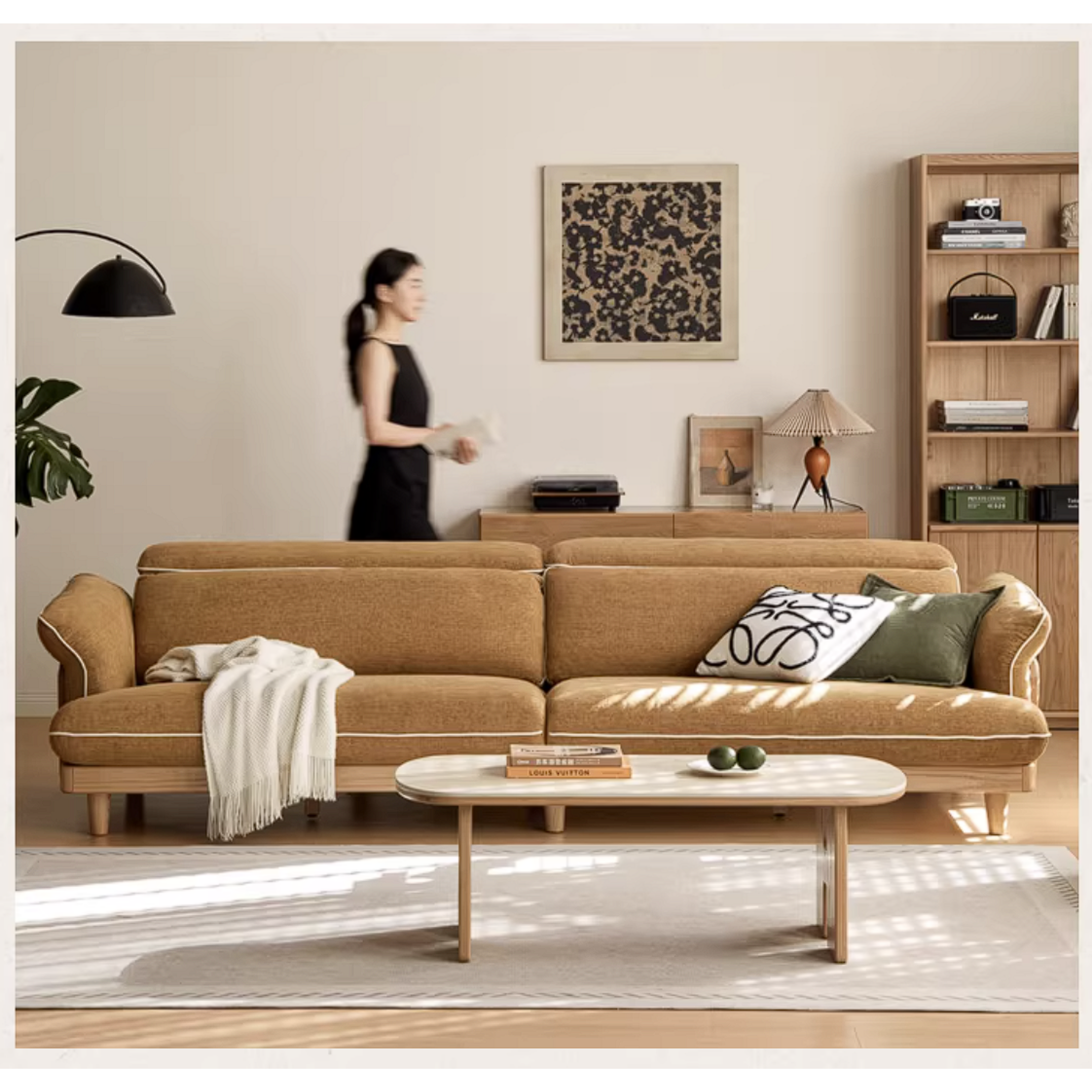 Oak Solid Wood High Back Chenille Sofa with Curved Arms