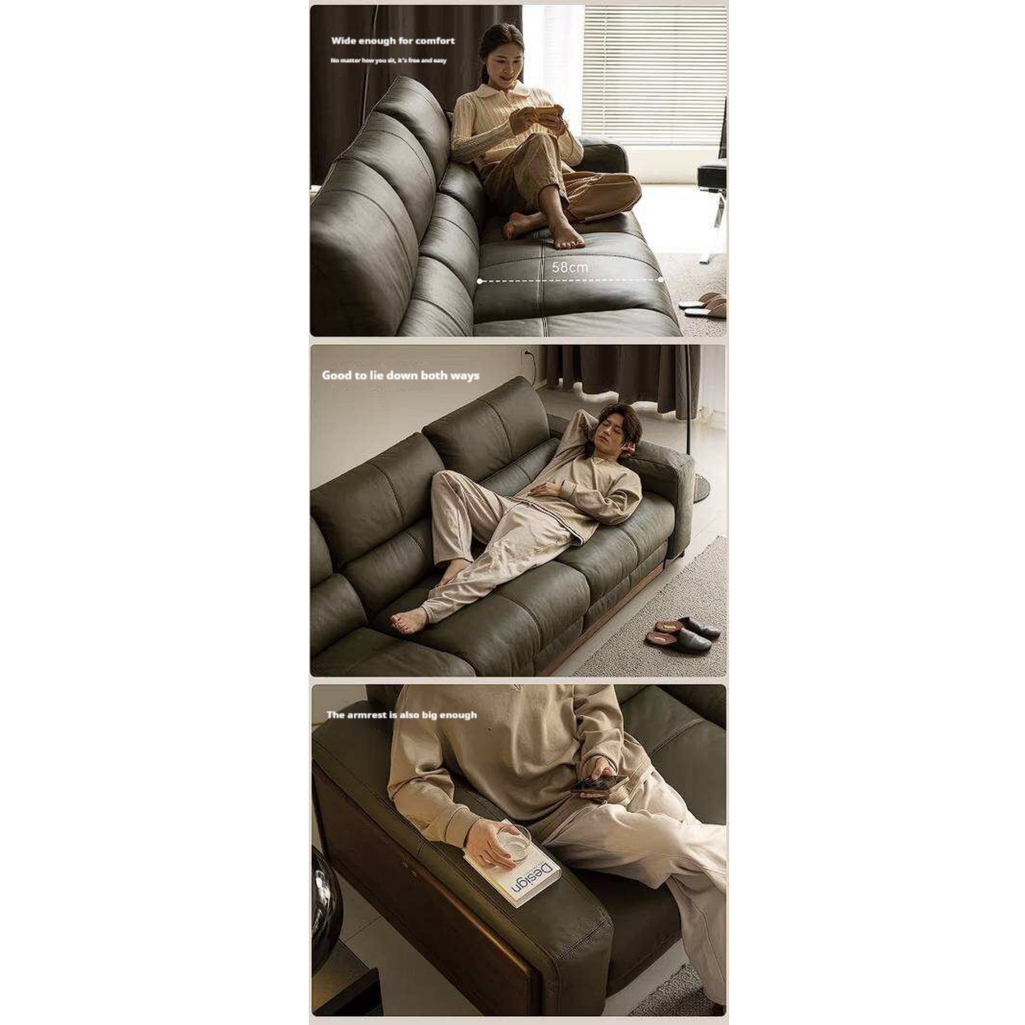 Black Walnut Solid Wood Genuine Leather Reclining Sofa with Zero Wall Clearance