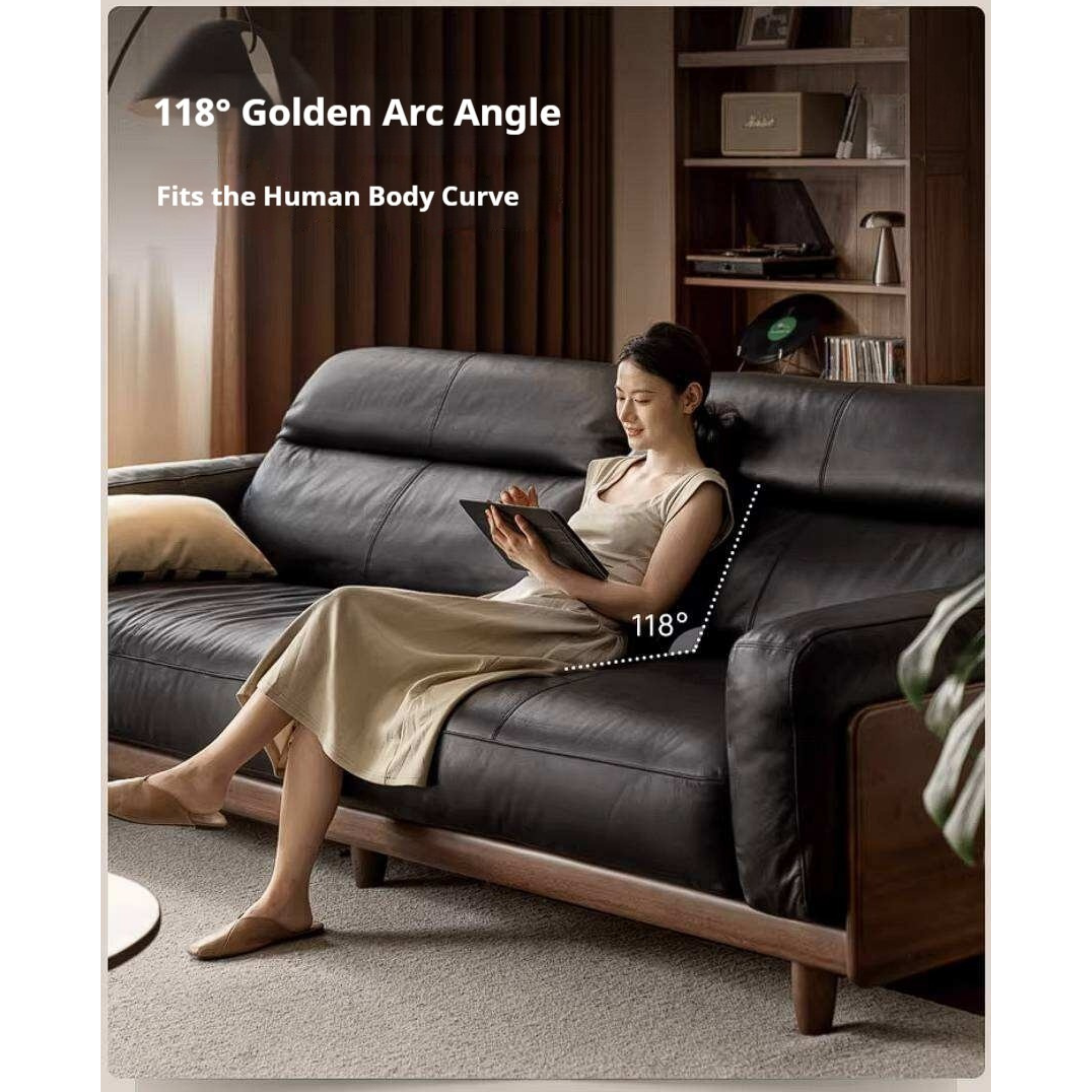 Golden Pear Solid Wood Genuine leather Sofa with Italian Light Luxury Design