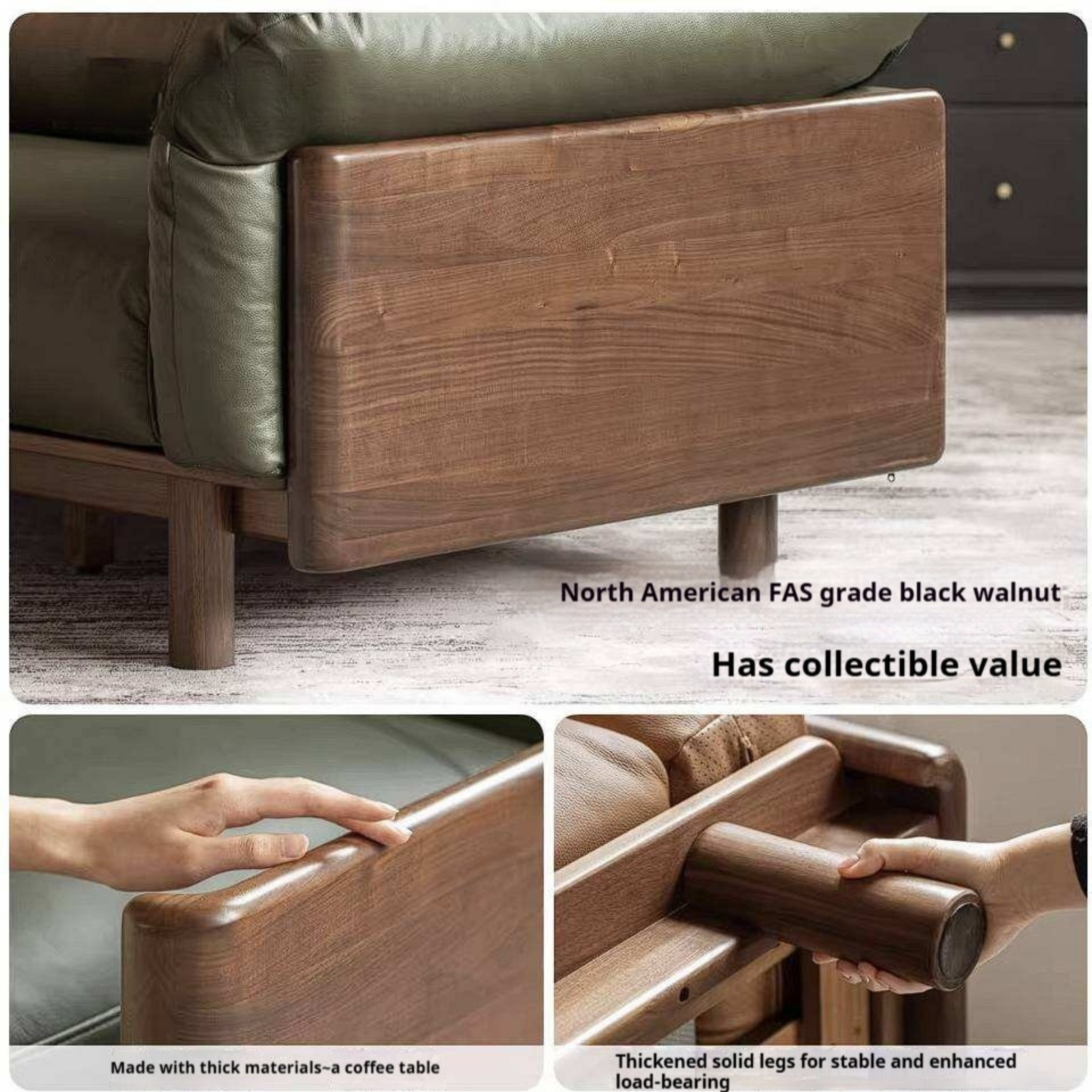 Black Walnut Solid Wood Genuine Leather Sofa with High Back