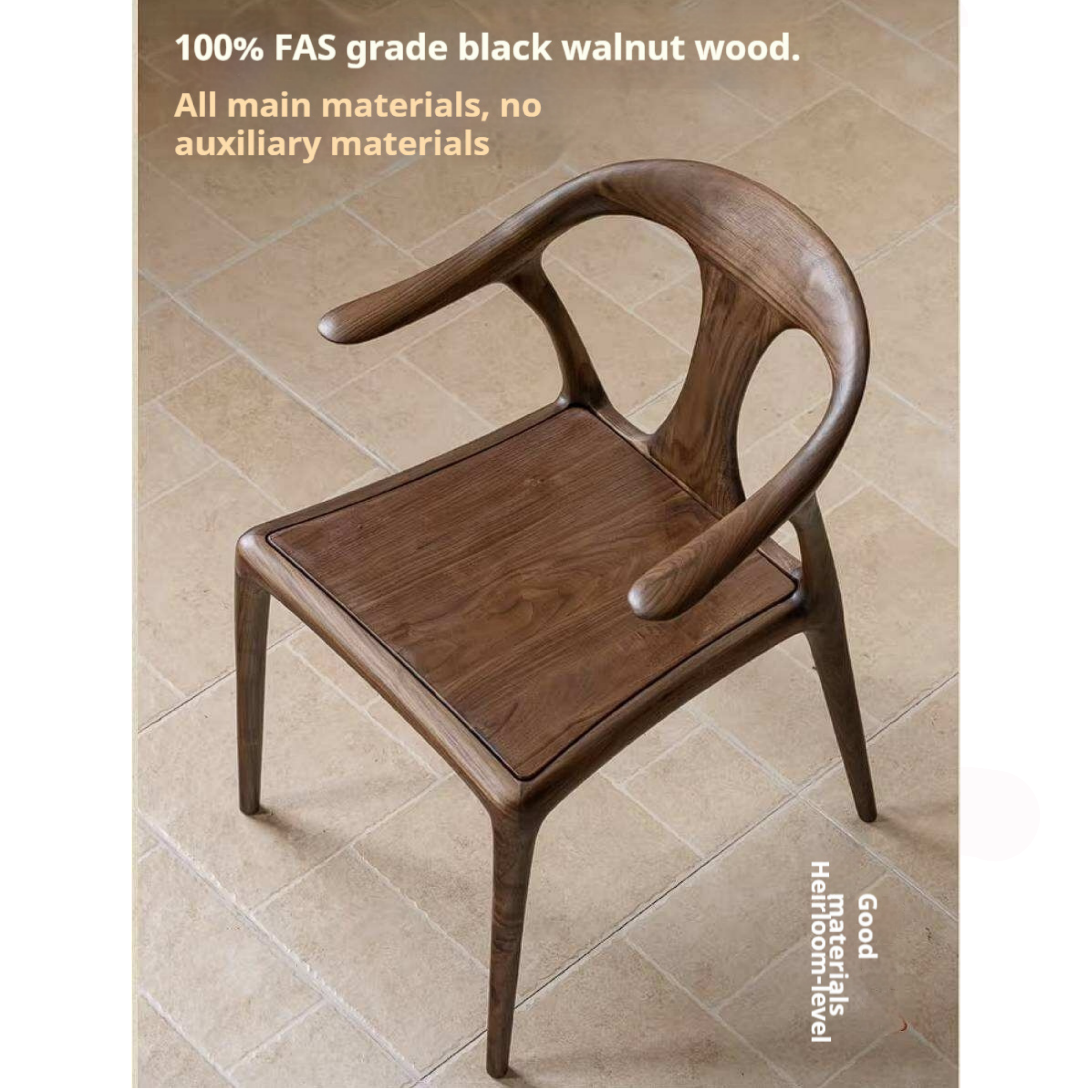 Black Walnut Solid Wood Ox Horn Dining Chair with Carved Curved Armrests