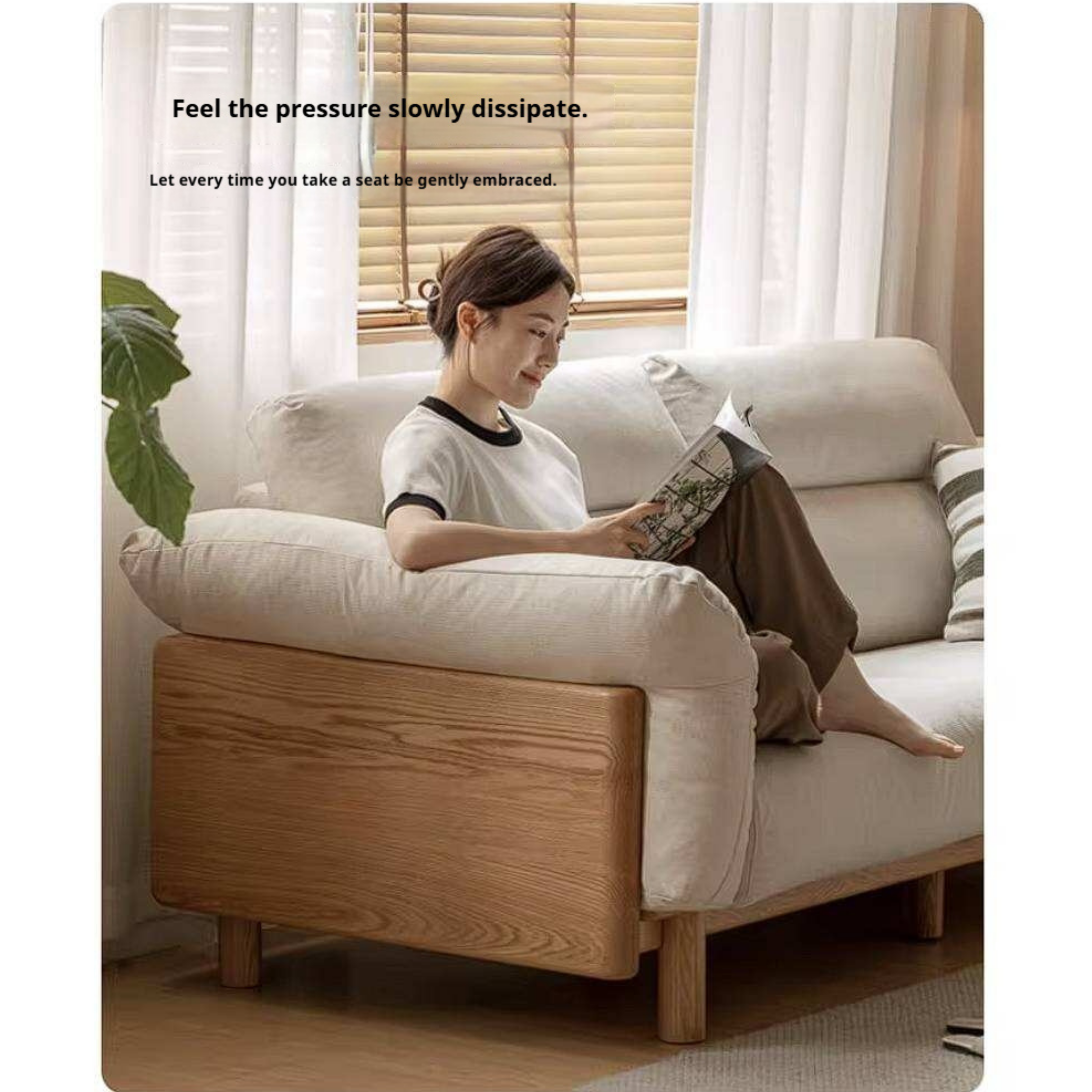 Oak Solid Wood Sofa with Wide Track Arms Genuine leather, fabric, removable and washable