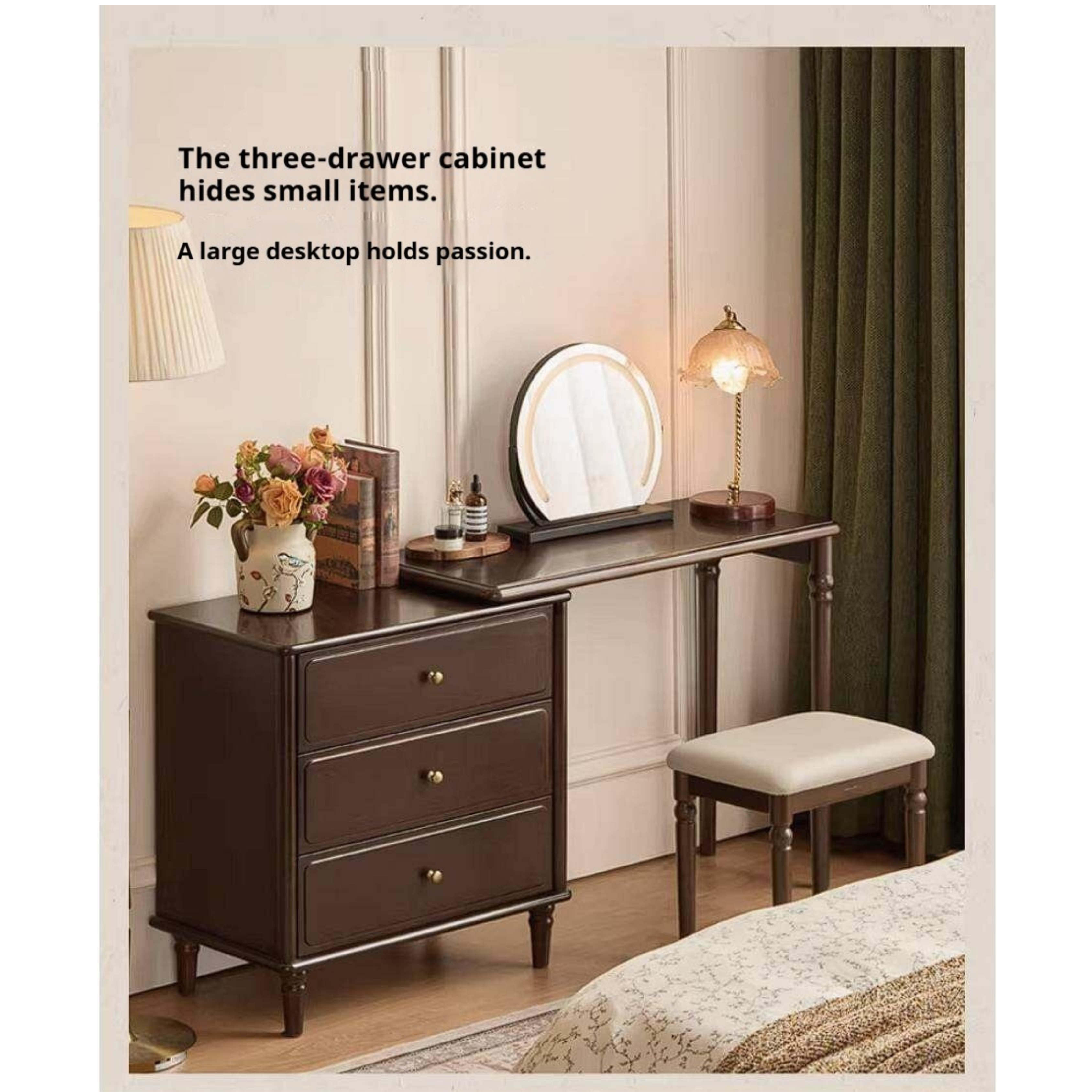 Poplar Solid Wood Vintage Extendable Vanity Desk with Round Mirror and Turned Legs
