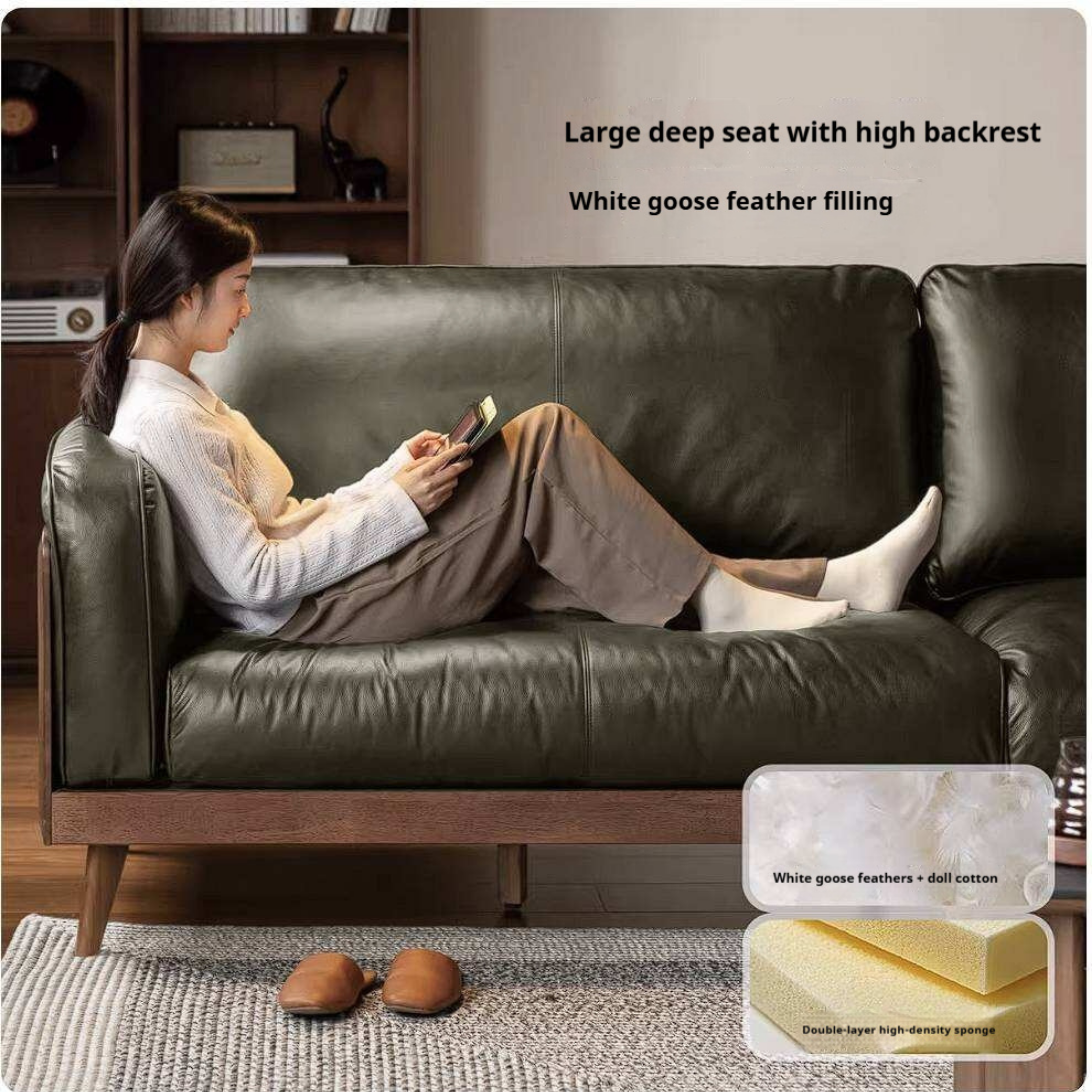Rubberwood Solid Wood Genuine leather Sofa with Deep Seats and Slim Walnut Frame
