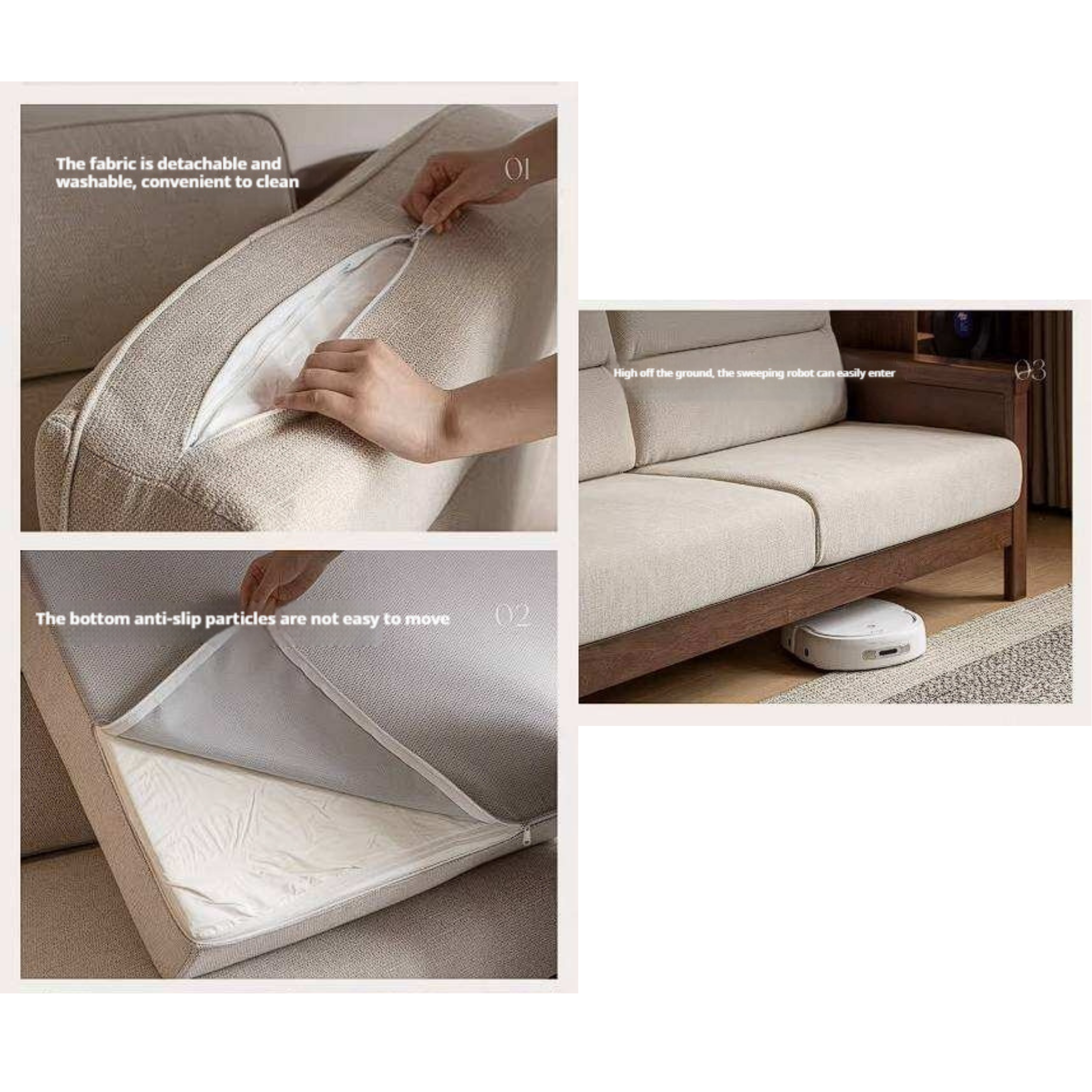 Golden Sandalwood Solid Wood Sofa with Soft Fabric Cushions
