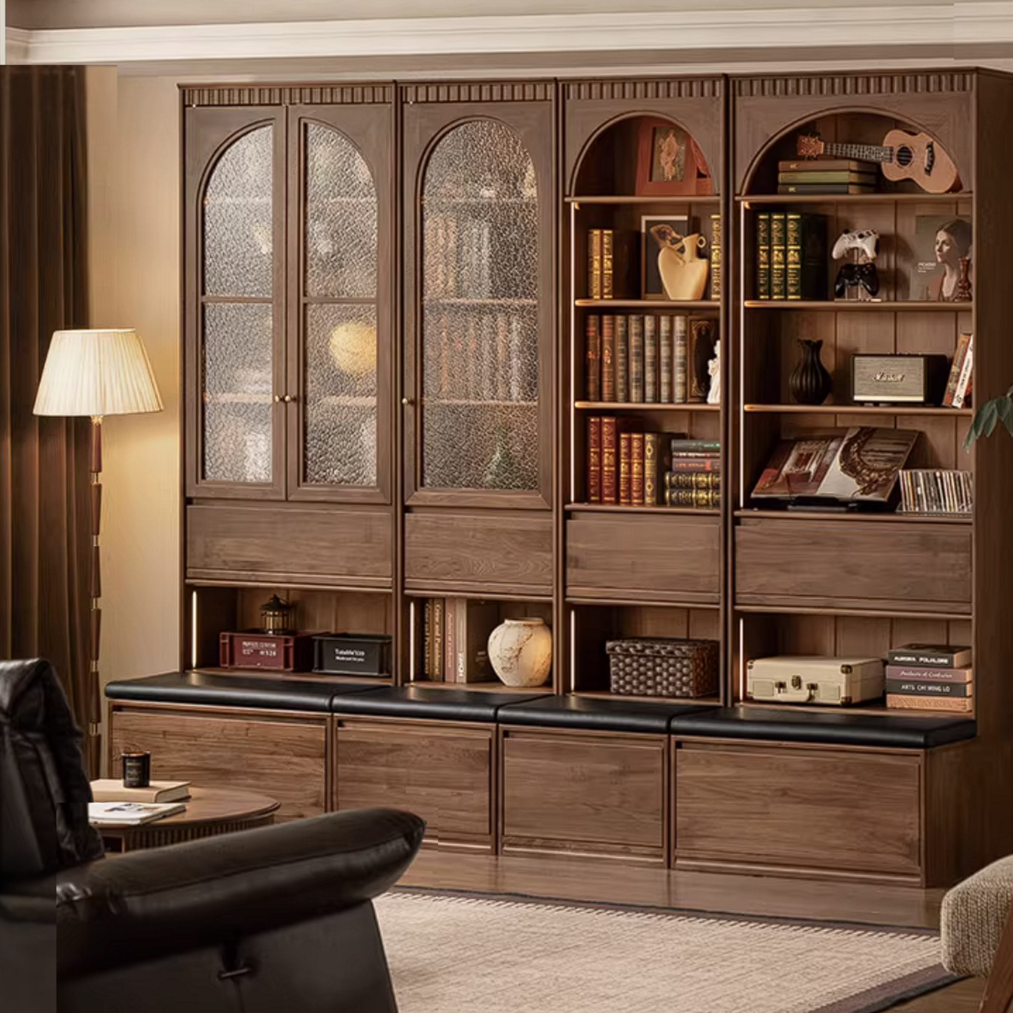 Black Walnut Solid Wood Bookcase with Booth Seating and Display Cabinet