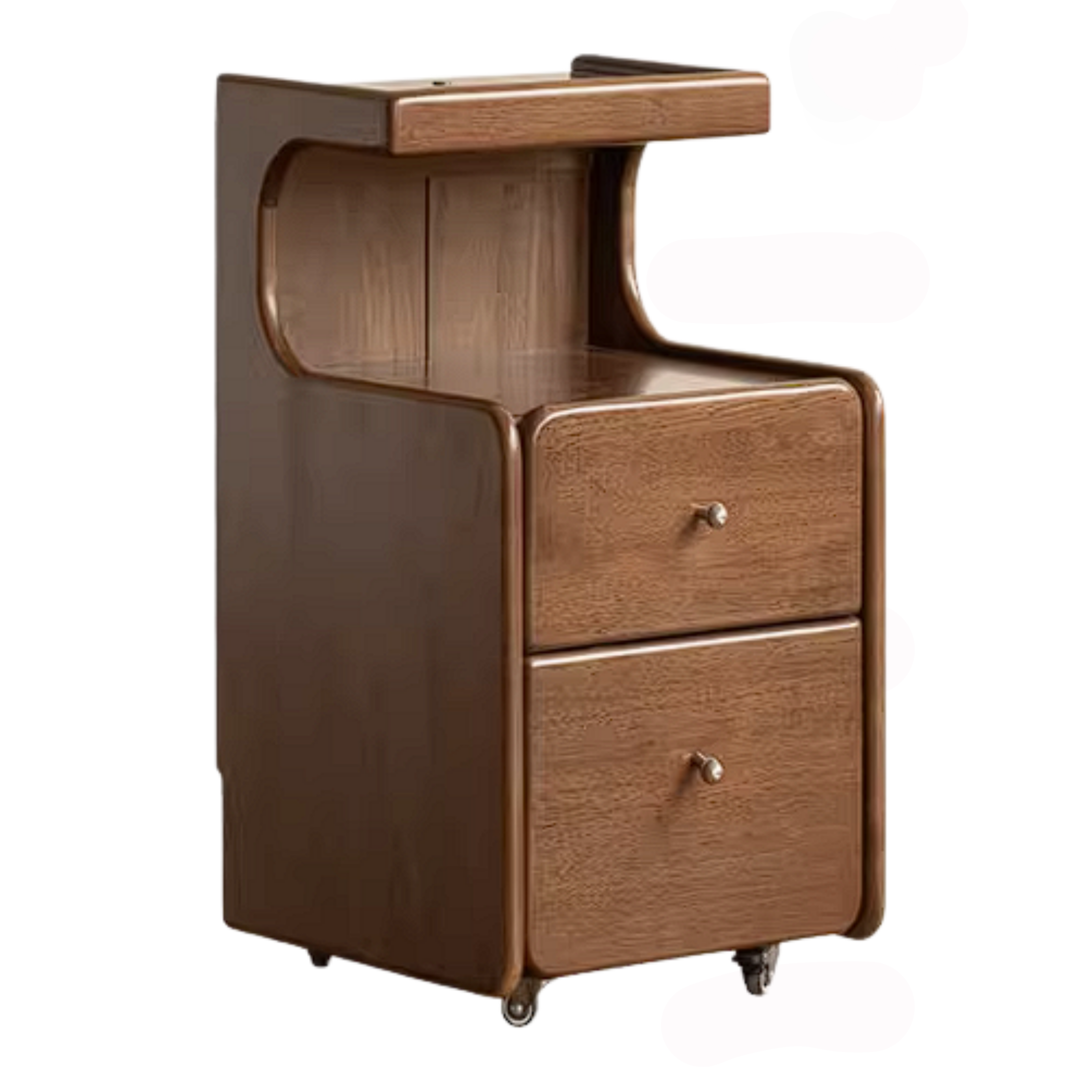Rubberwood Solid Wood Curved Nightstand with Raised Shelf and Rolling Casters
