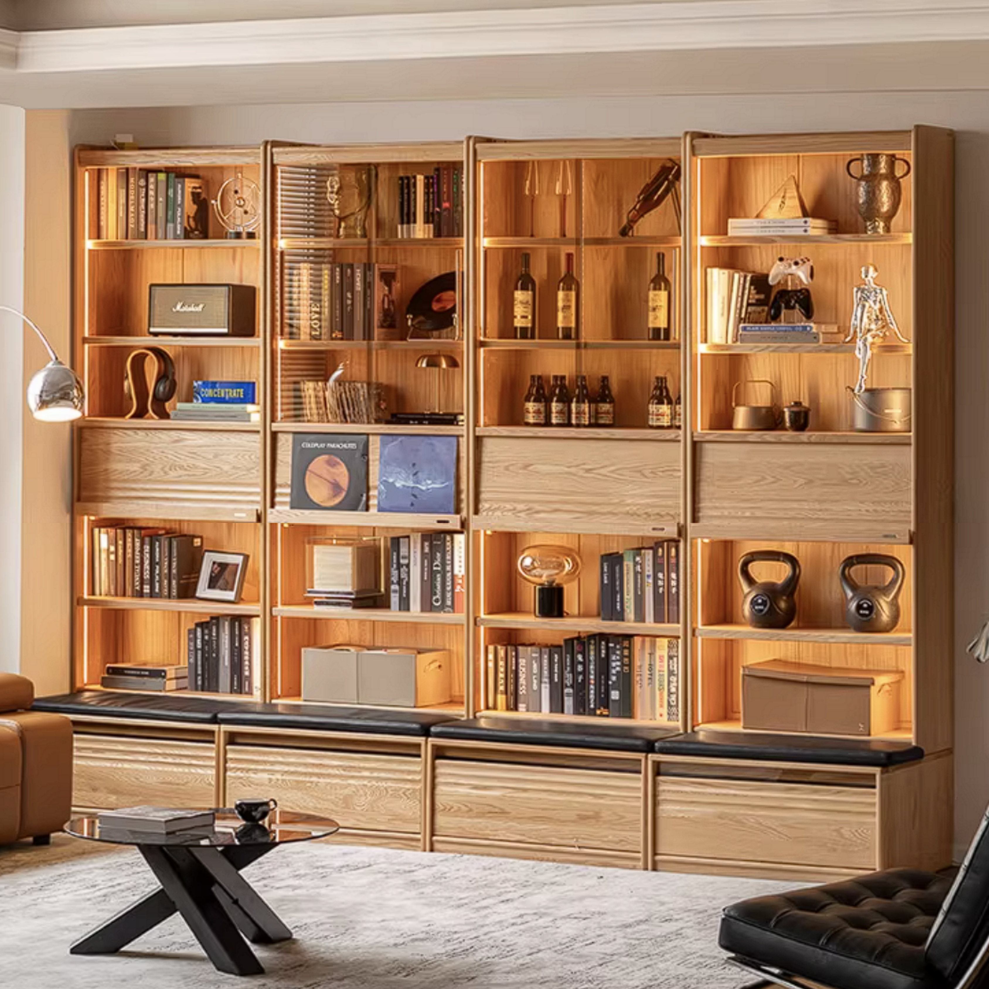 Oak Solid Wood Bookshelf with Integrated Booth Seating