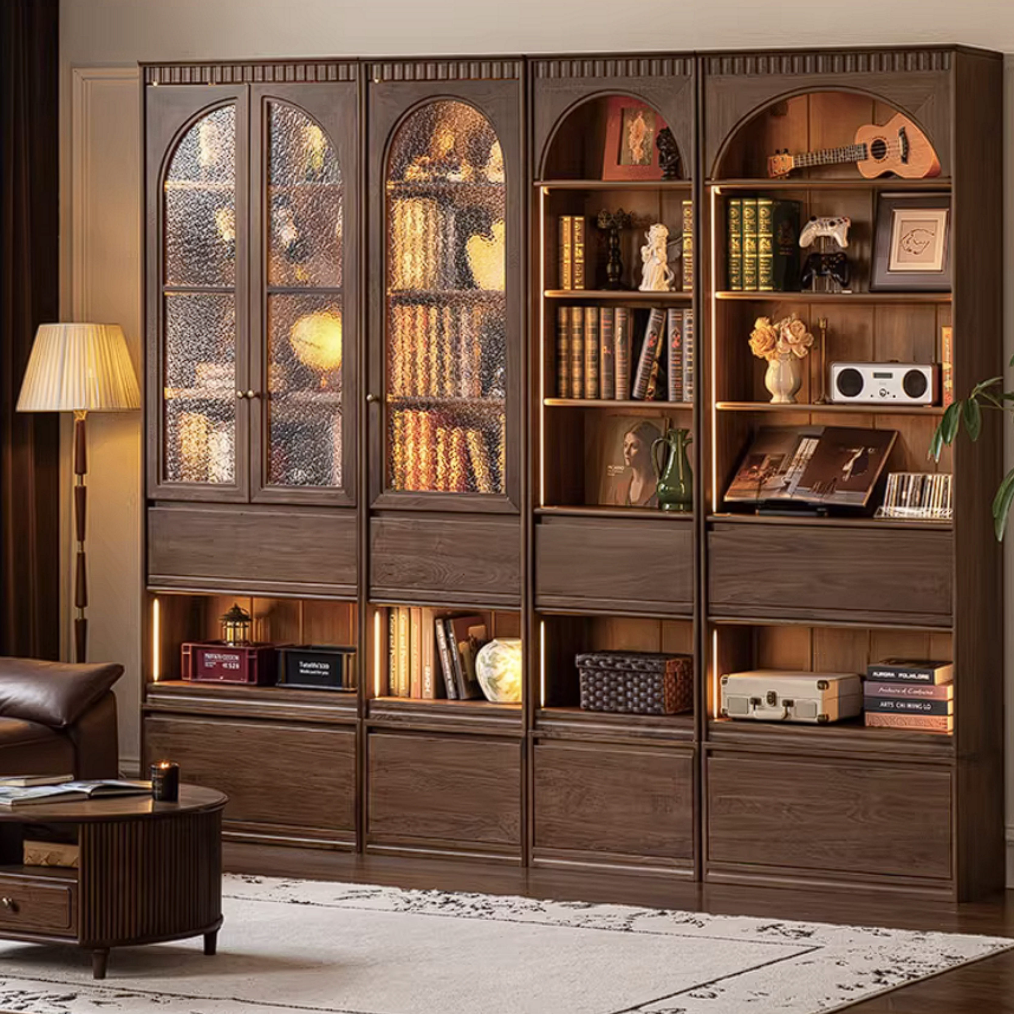 Black Walnut, Solid Sandalwood Arched Vintage Bookcase with Glass Door and Storage Drawer
