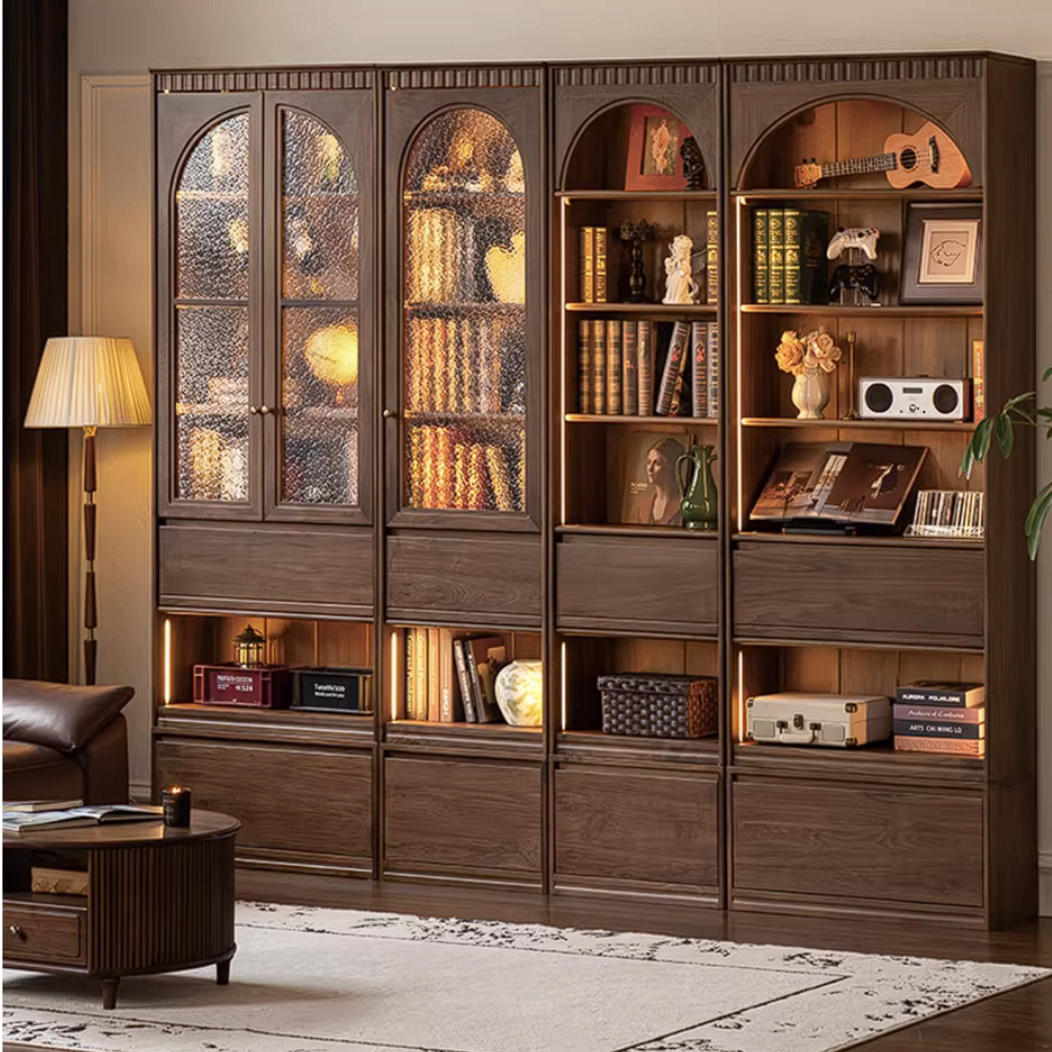 Black Walnut Solid Wood Arched Vintage Bookcase with Glass Door and Storage Drawer