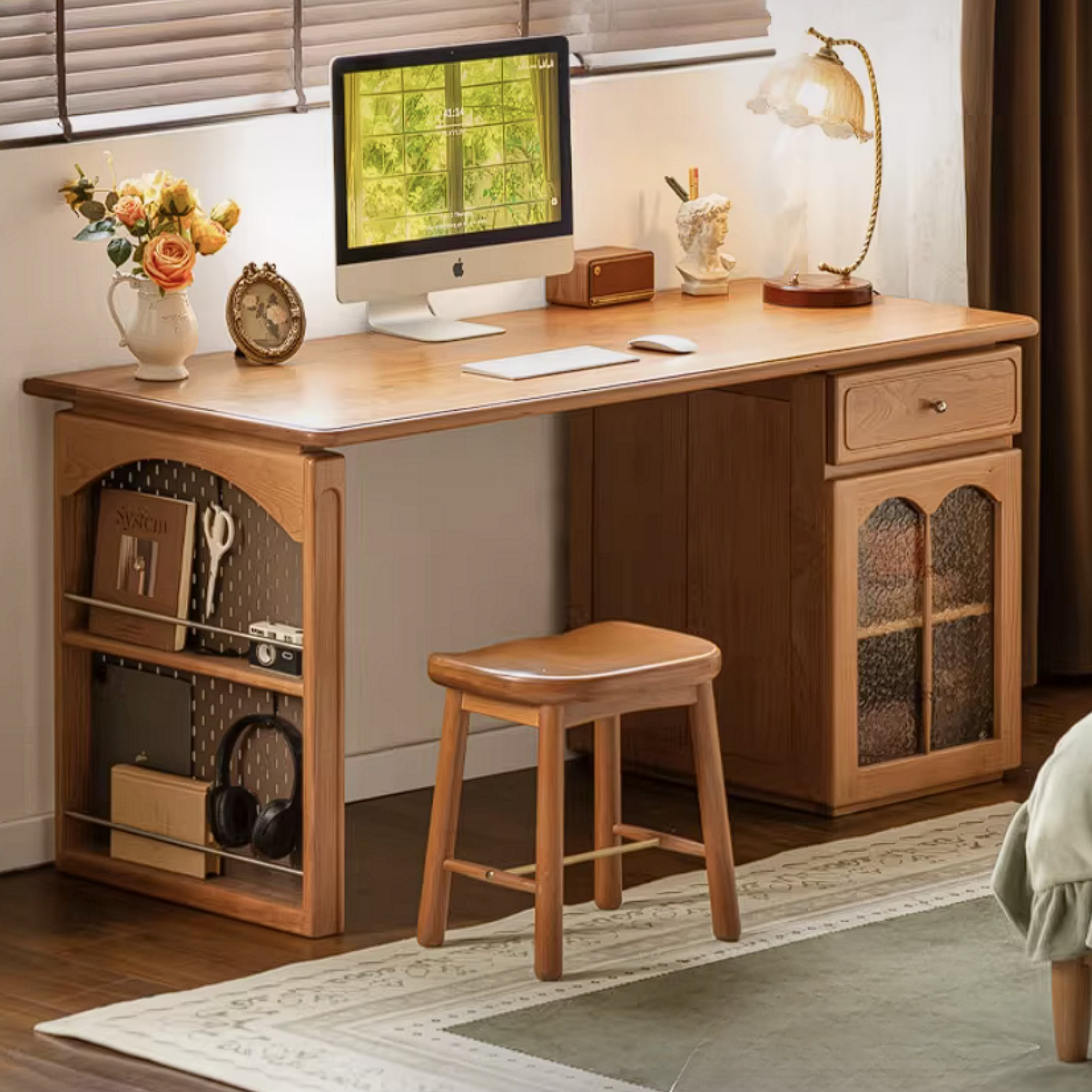 Cherry Solid Wood French Country Writing Desk with Bookshelf Hutch and Cane Door Cabinet