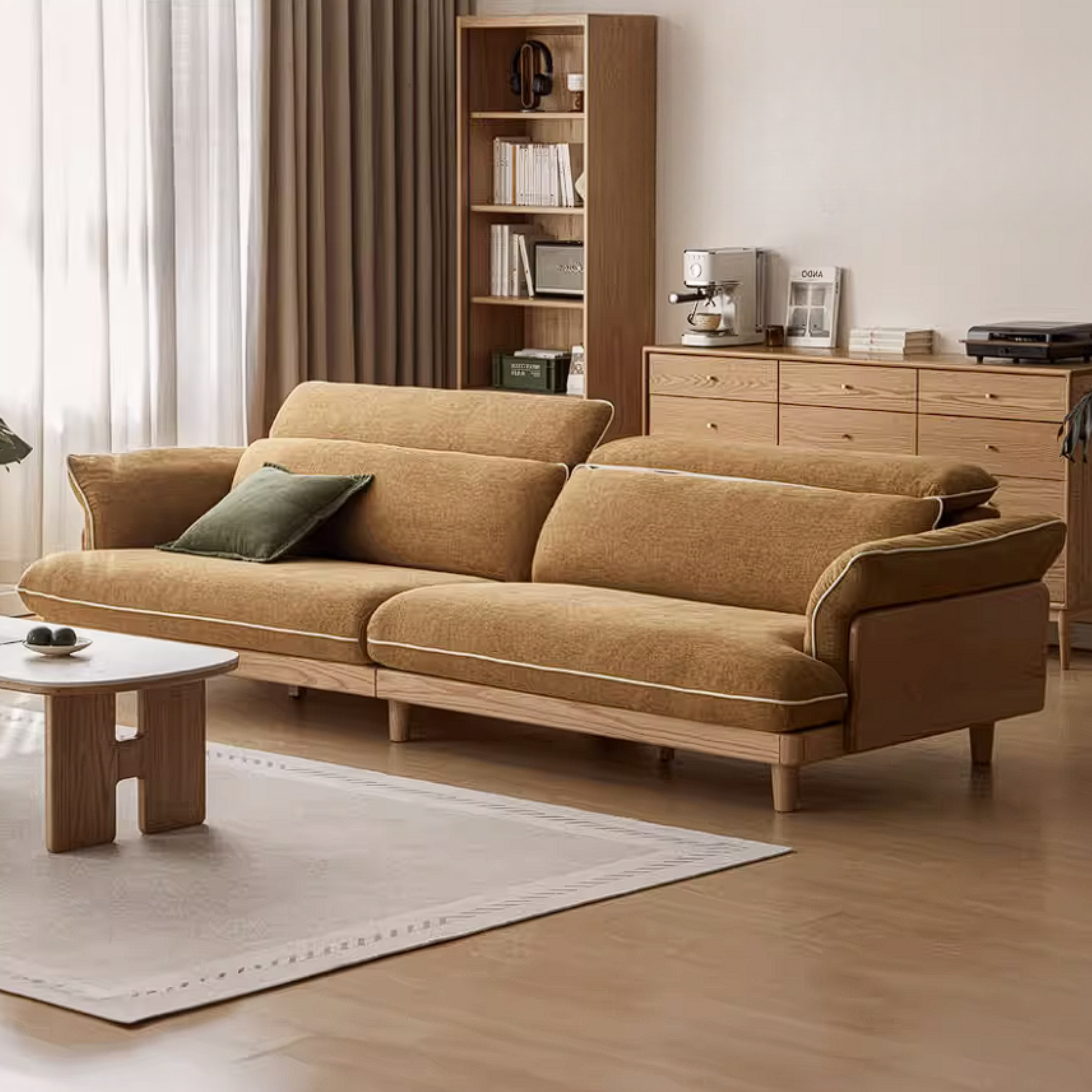 Oak Solid Wood High Back Chenille Sofa with Curved Arms