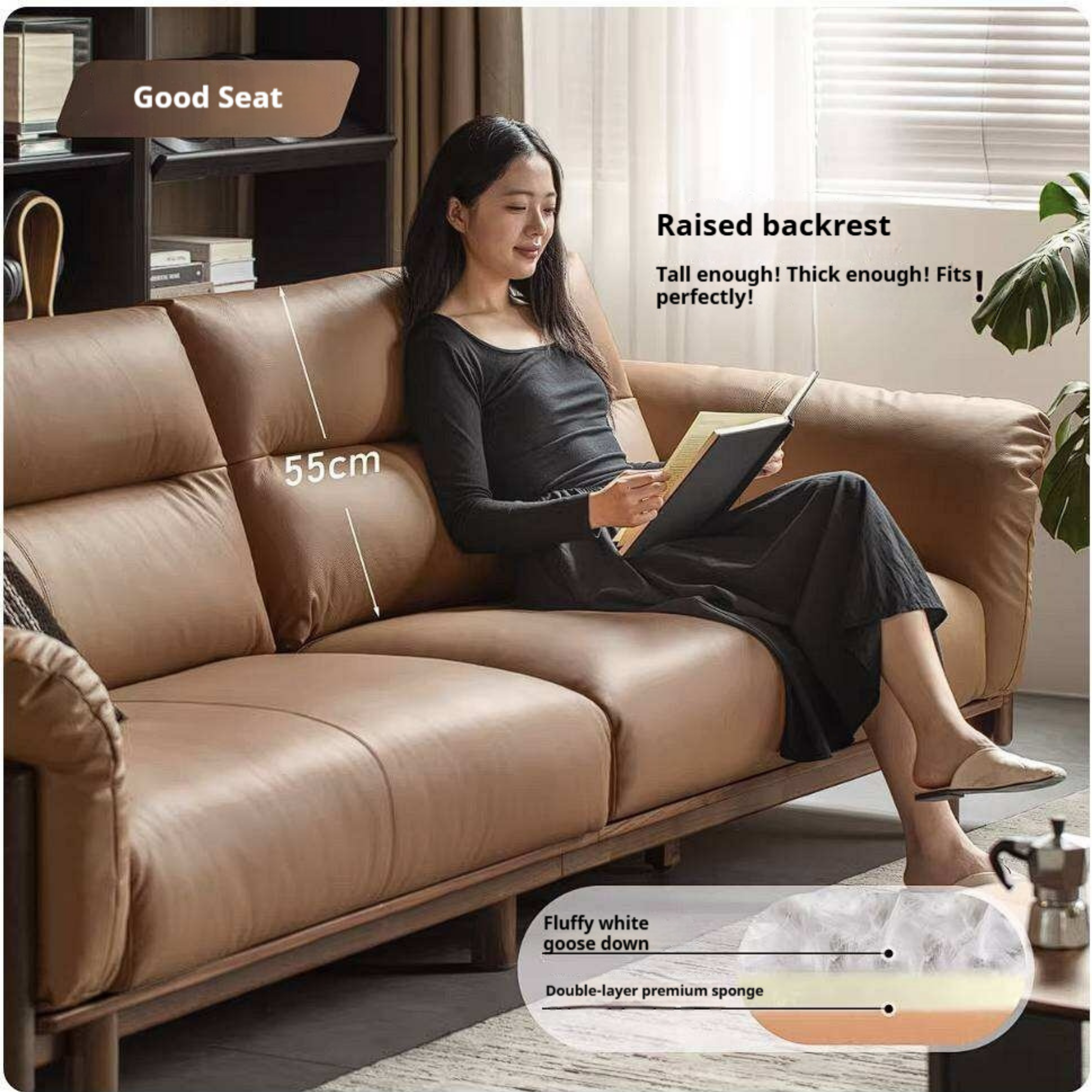 Black Walnut Solid Wood Genuine Leather Sofa with High Back