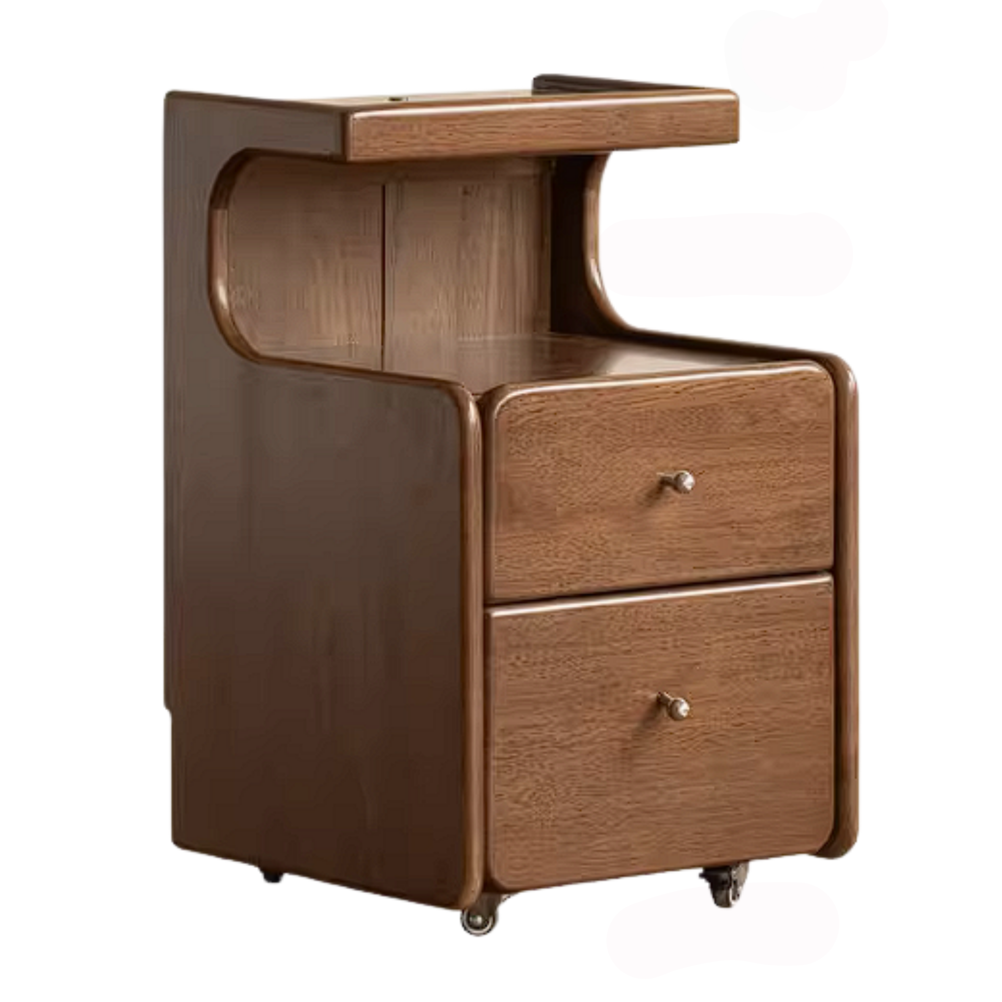 Rubberwood Solid Wood Curved Nightstand with Raised Shelf and Rolling Casters