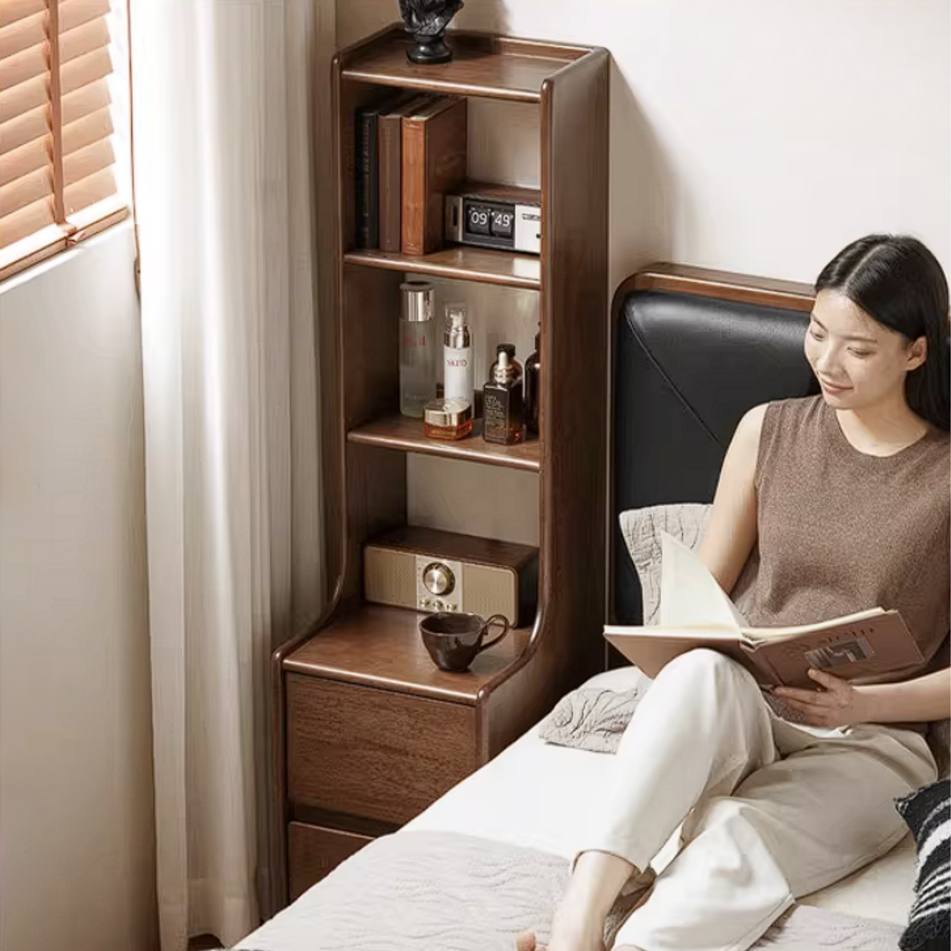 Rubberwood Solid Wood Bedside Table with Storage and Display Shelf