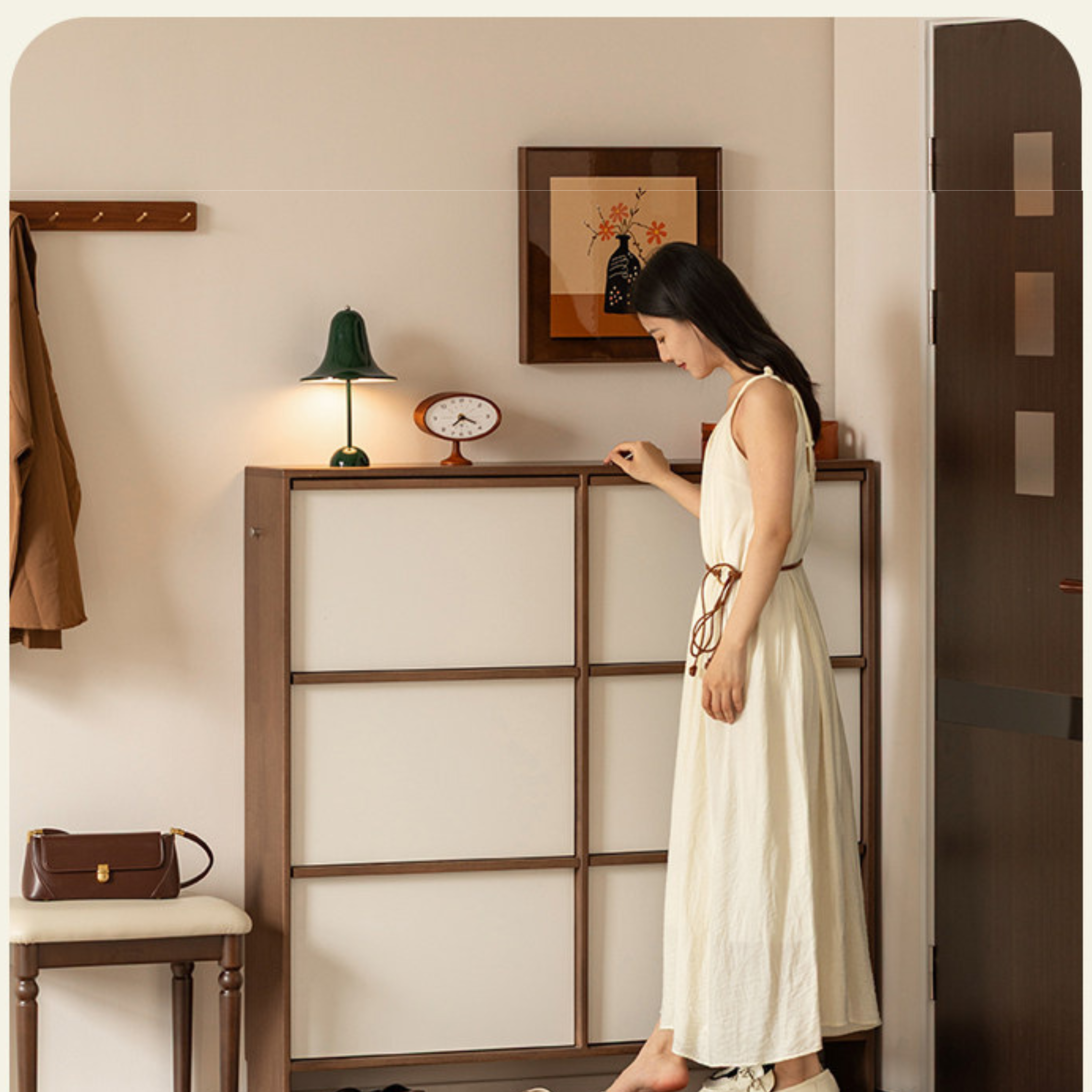 Rubberwood Solid Wood Flip Door Shoe Cabinet, Mid Century Slim Wall Mounted Entryway Storage Organizer