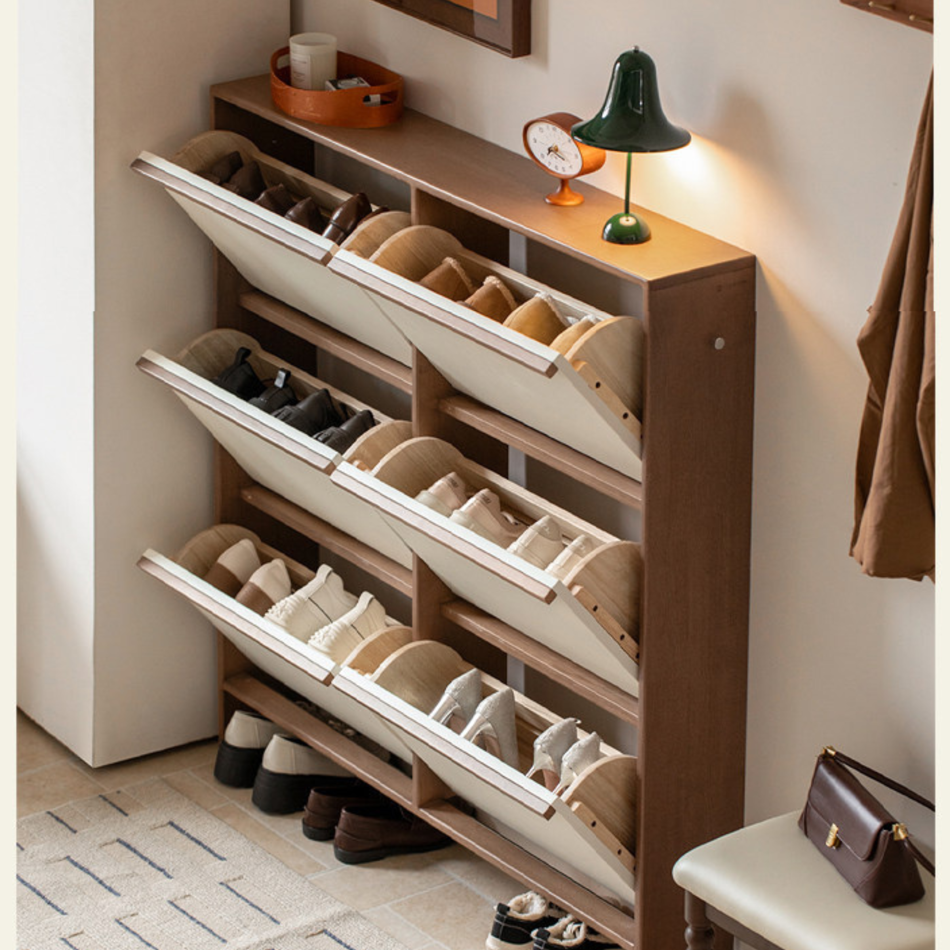 Rubberwood Solid Wood Flip Door Shoe Cabinet, Mid Century Slim Wall Mounted Entryway Storage Organizer