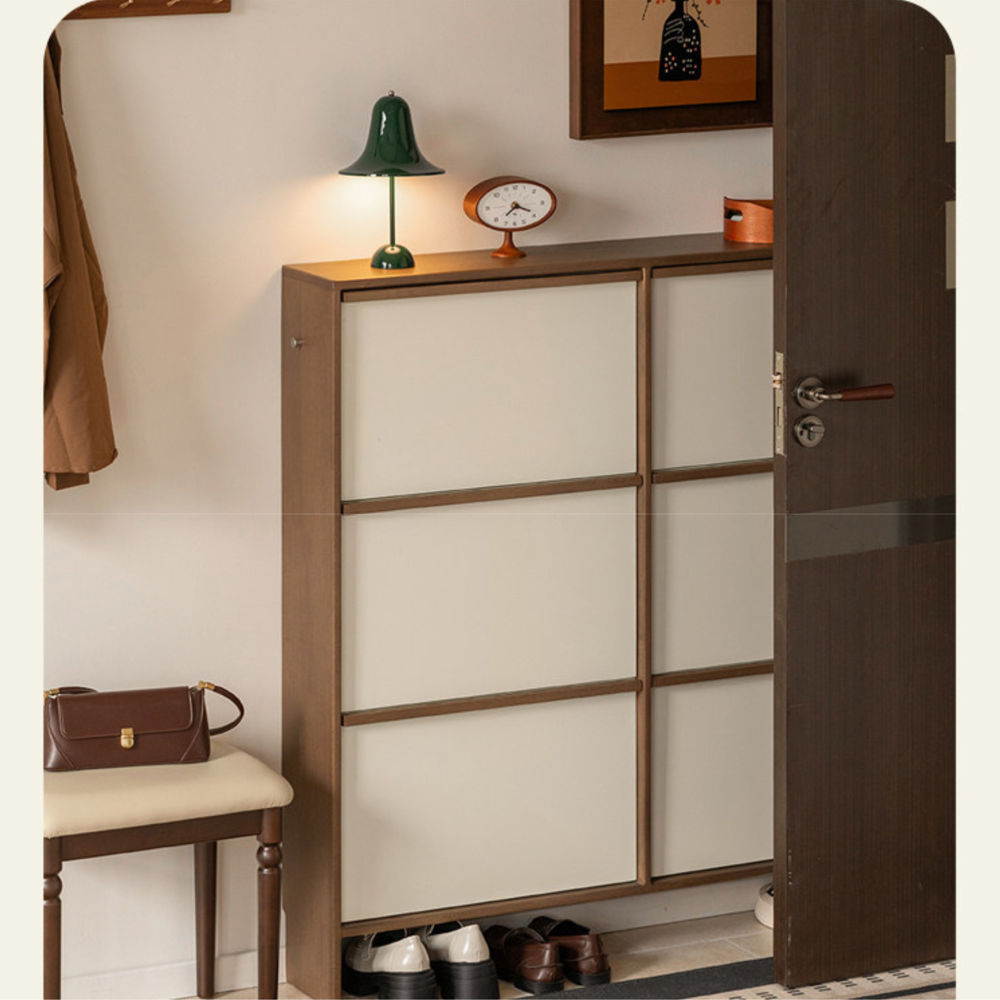 Rubberwood Solid Wood Flip Door Shoe Cabinet, Mid Century Slim Wall Mounted Entryway Storage Organizer