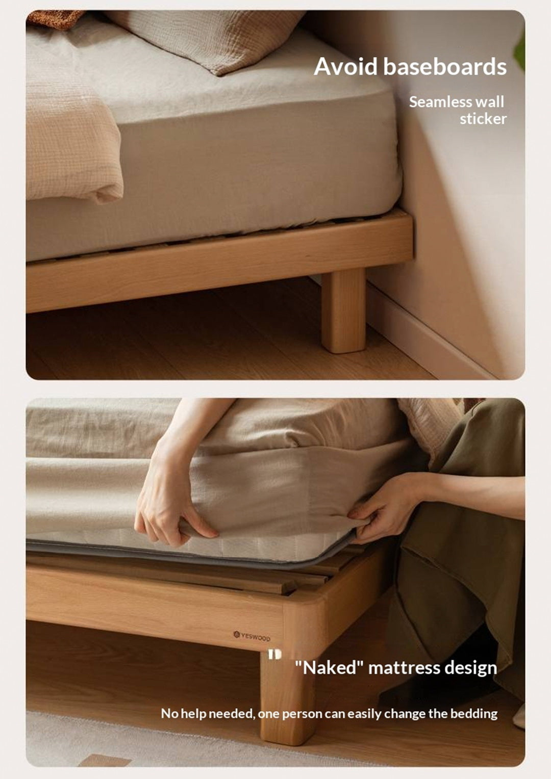 Beech, Rubberwood Solid Wood Platform Bed, Headboard-Free Bed with Flat Edge