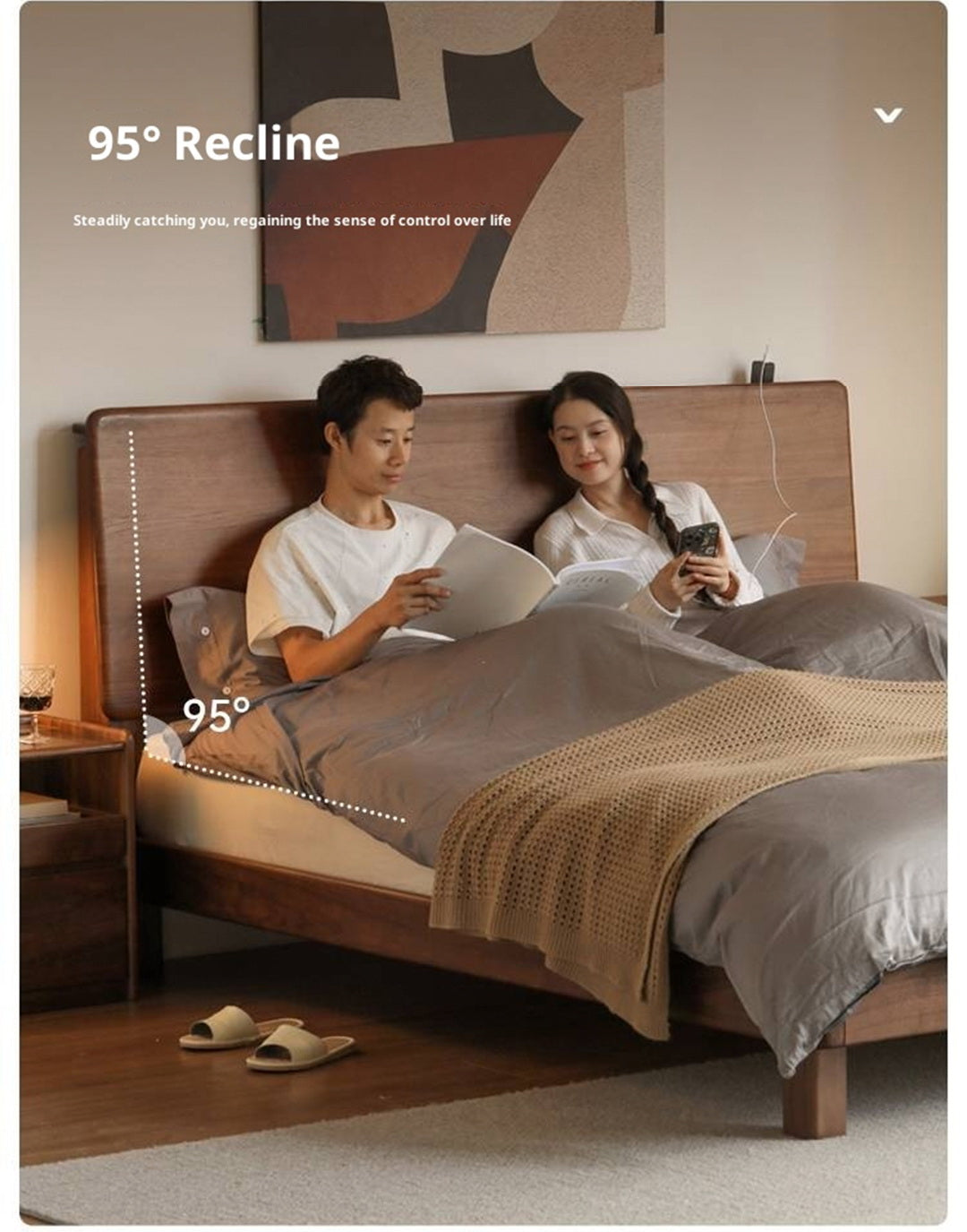 Black Walnut, Teak Solid Wood Bed with High Headboard