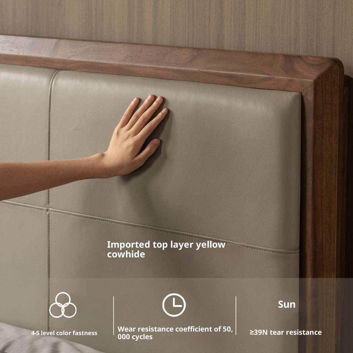 Black Walnut, Oak Solid Wood Italian Light Luxury Genuine Leather Soft Headboard Luminous Bed