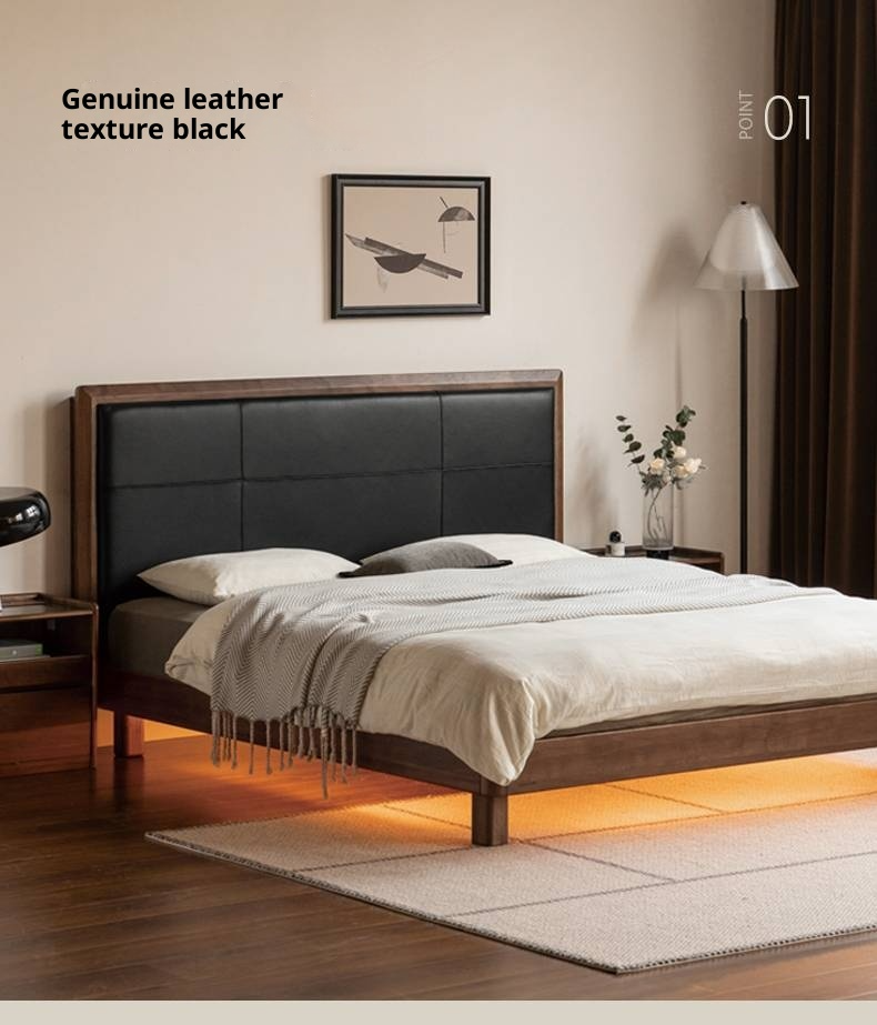 Black Walnut, Oak Solid Wood Italian Light Luxury Genuine Leather Soft Headboard Luminous Bed