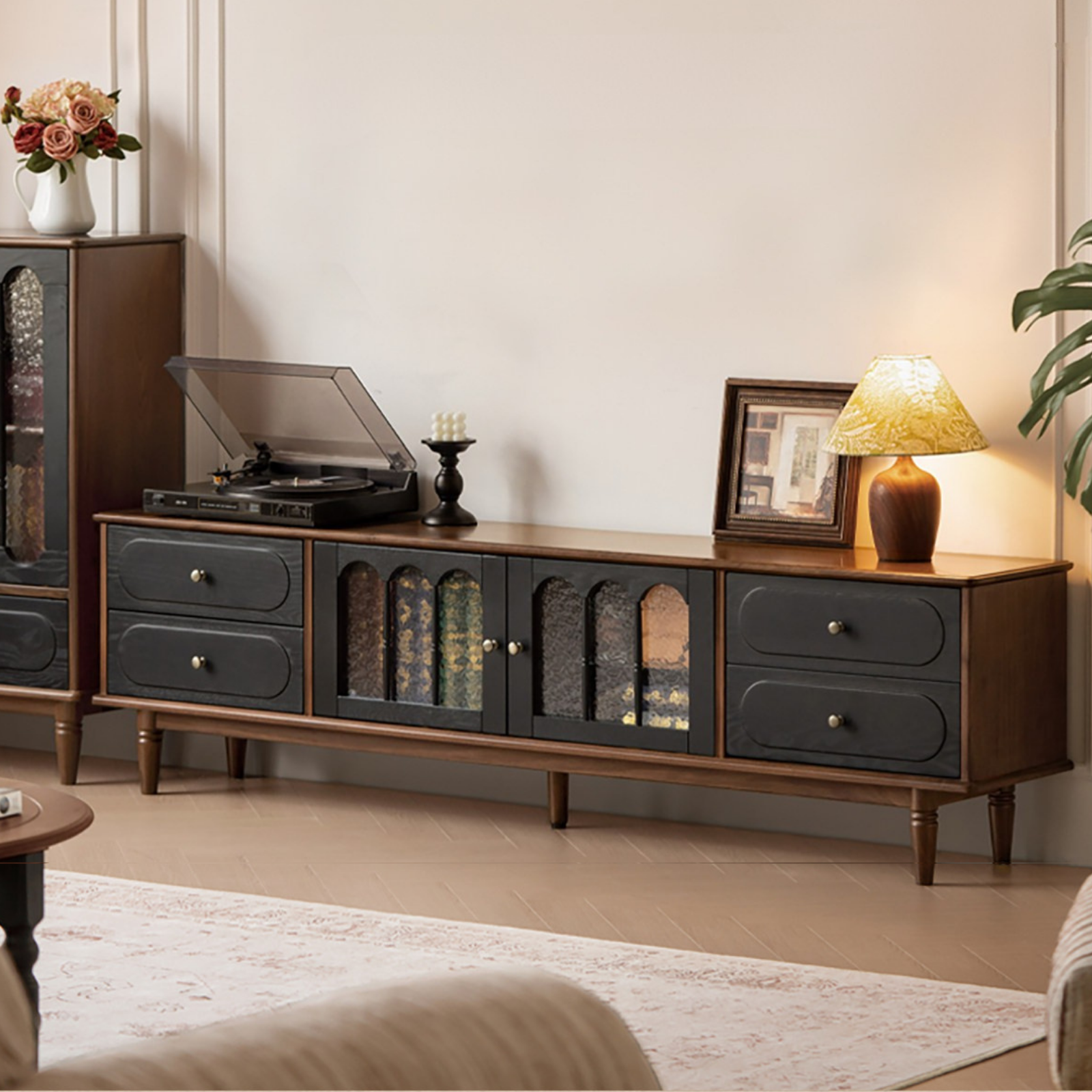 Black Walnut +ash Solid Wood  French Country TV Console with Arched Glass Doors