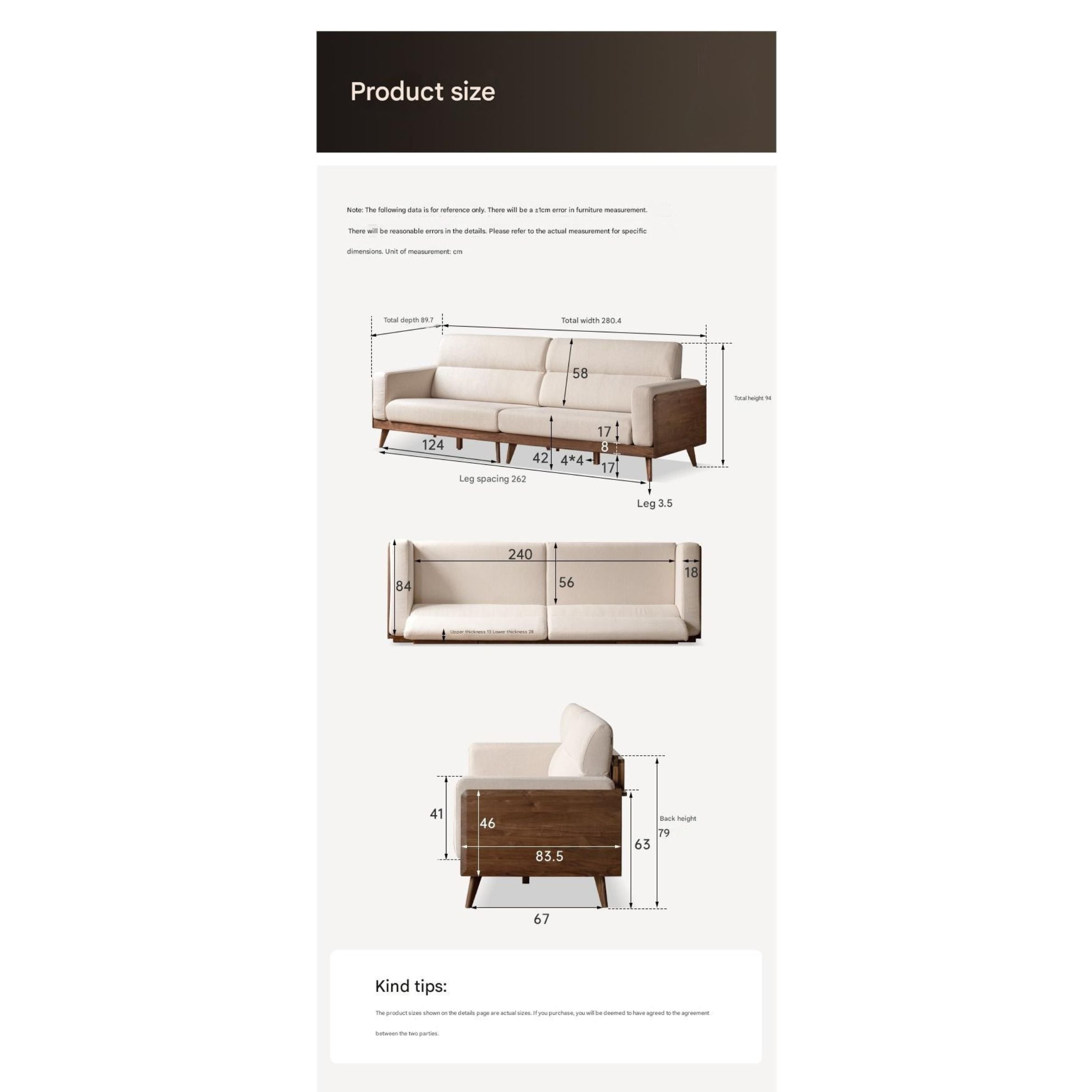 Black Walnut Solid Wood fabric sofa high back