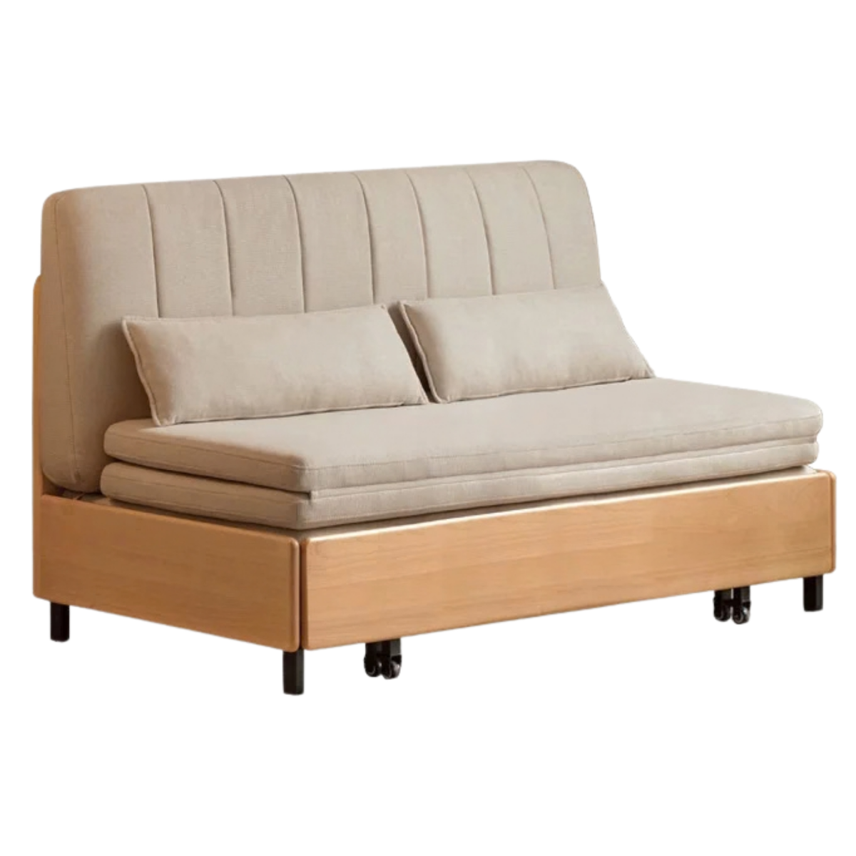 Beech, Birch Solid Wood Channeled Sofa Bed with Three-Fold Pull-Out Mechanism and Metal Legs