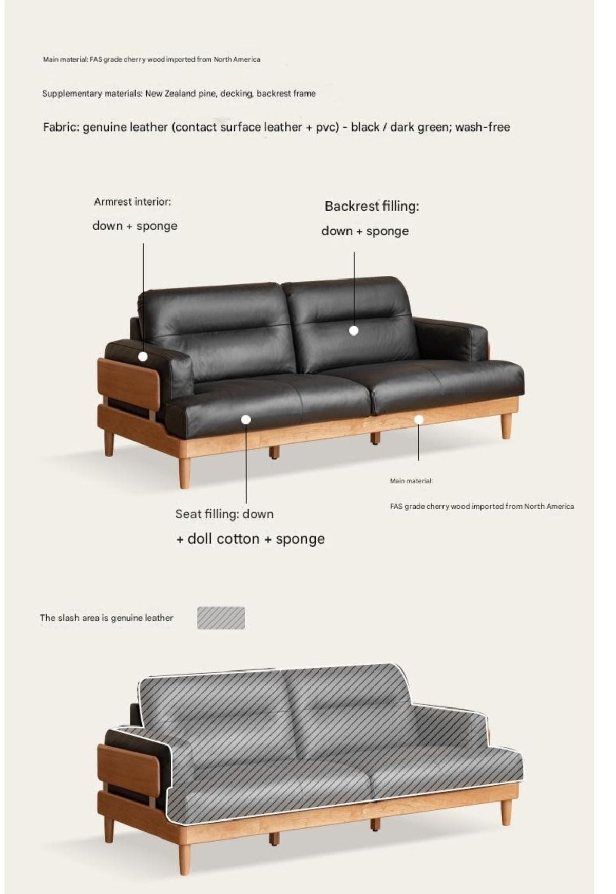 Cherry Solid Wood Genuine Leather Sofa