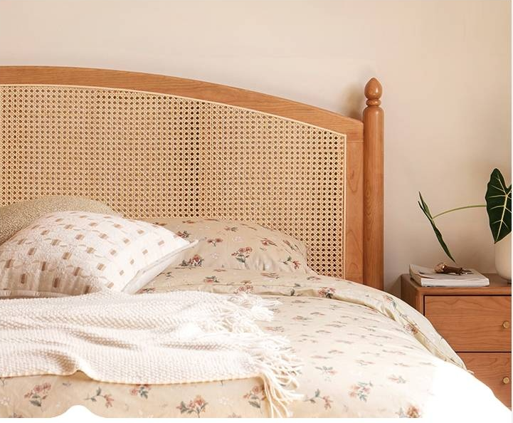 Cherry Solid Wood Rattan Bed Retro