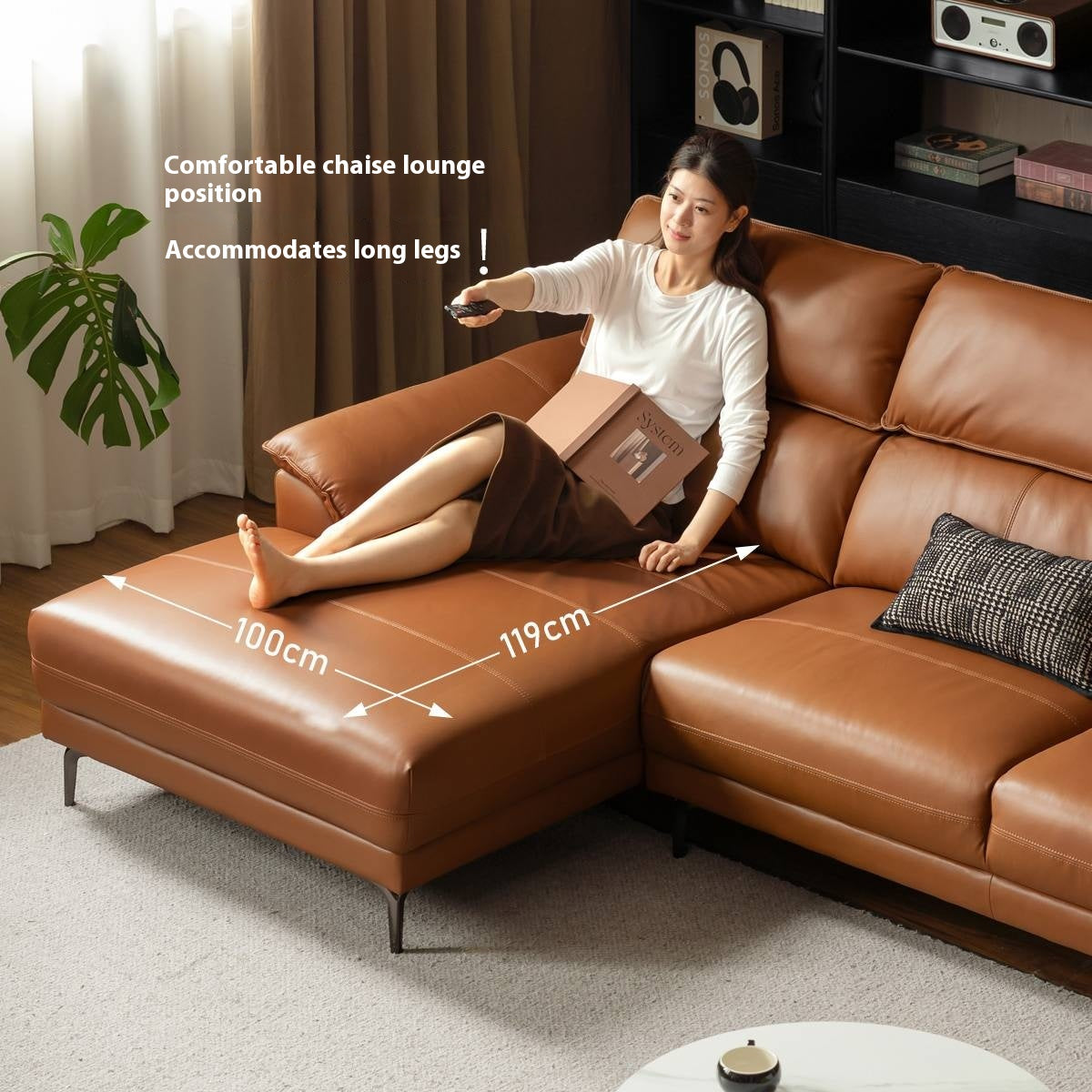 Genuine Leather Italian Minimalist Sectional Sofa – First-Layer Cowhide Corner Sofa with Chaise Lounge