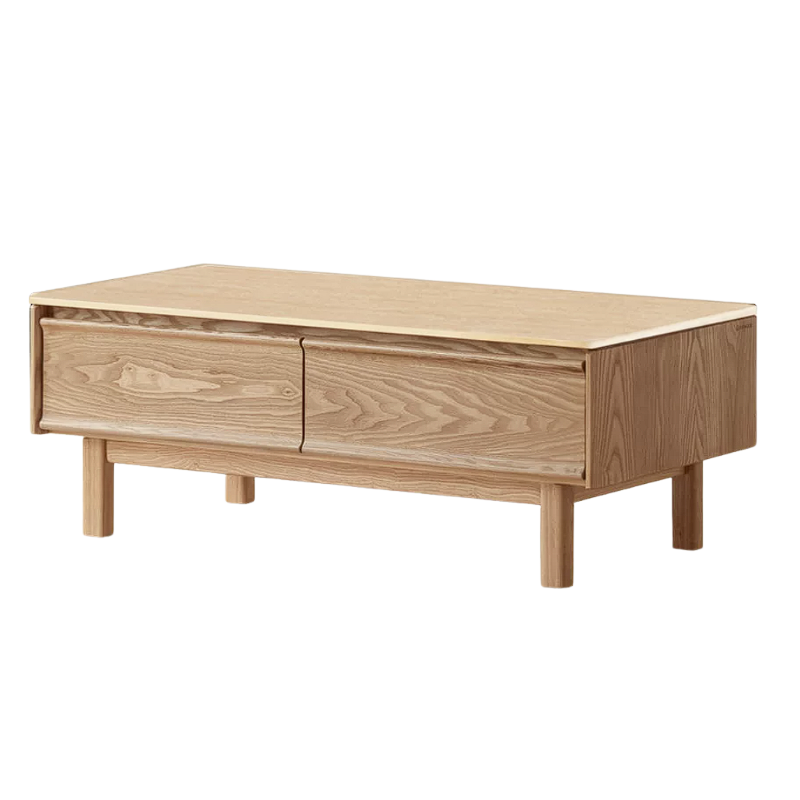 Ash Solid Wood Coffee Table with Beveled Edge, Two Drawers, Tapered Legs