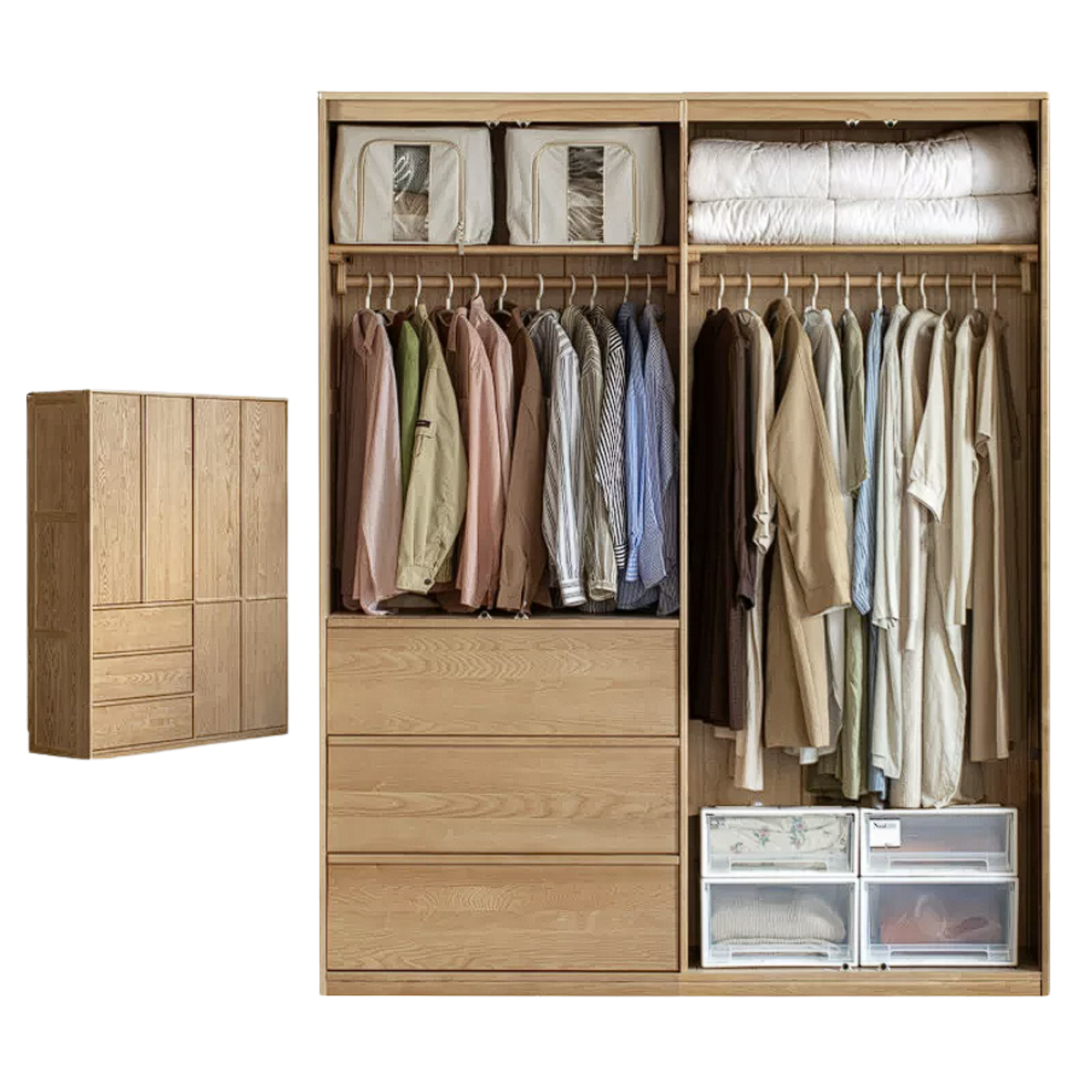 Ash Solid Wood Wardrobe with Minimalist Design and Storage Space