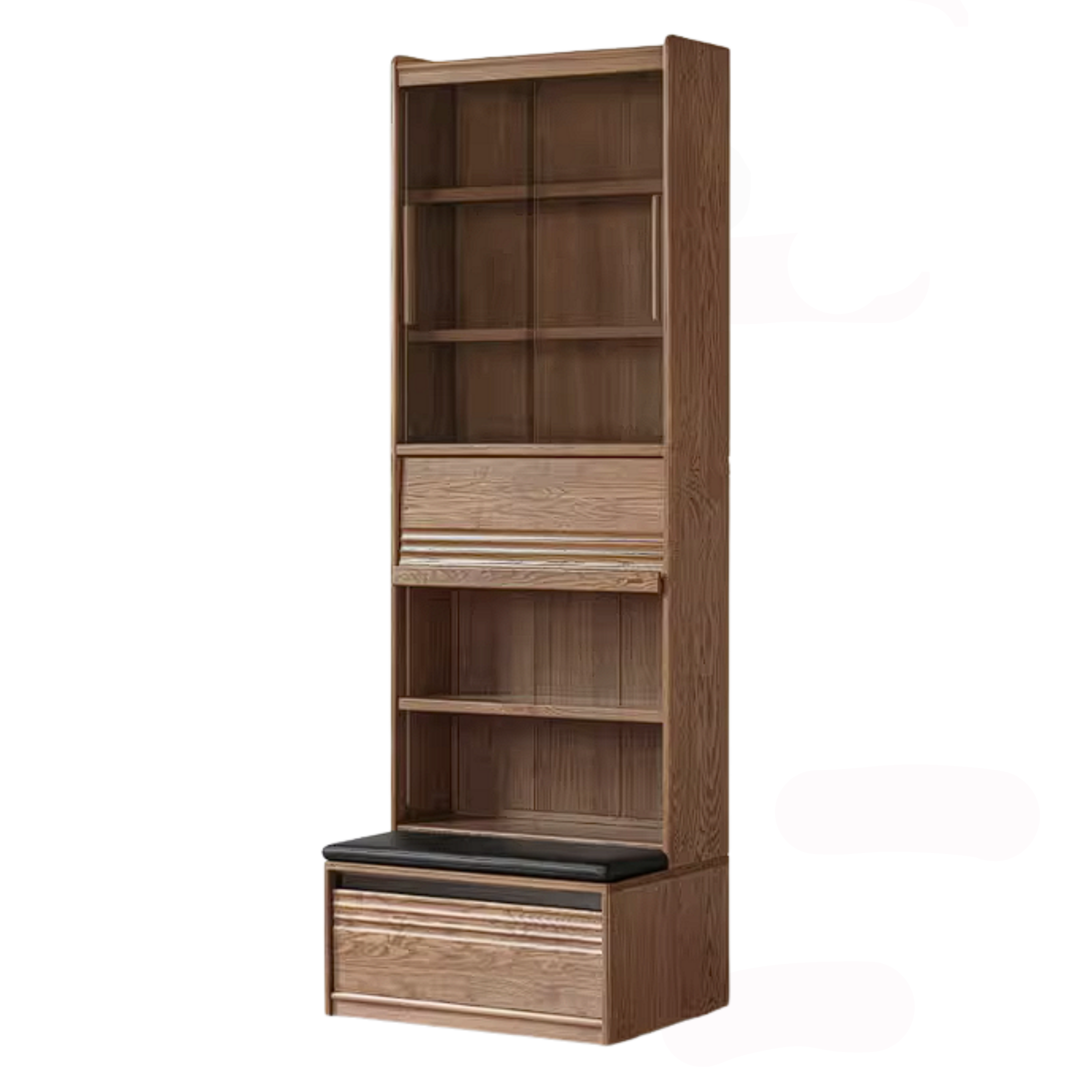 Ash Solid Wood Bookcase with Built In Bench Seat and Storage Drawer, Display Cabinet