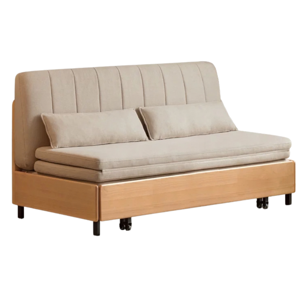 Beech, Birch Solid Wood Channeled Sofa Bed with Three-Fold Pull-Out Mechanism and Metal Legs