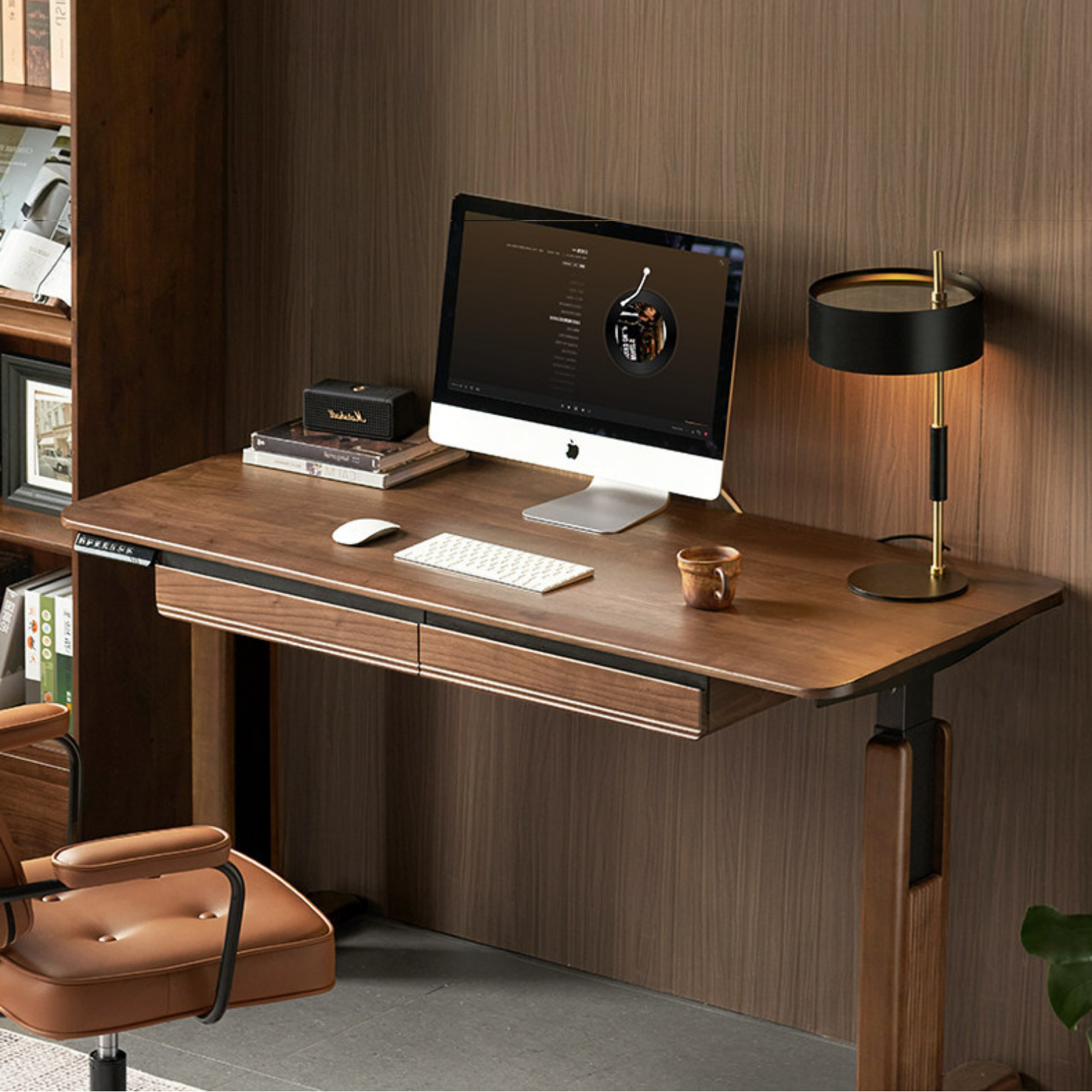 Black Walnut, White Ash Solid Wood Electric Height-Adjustable Standing Desk with Storage Drawers